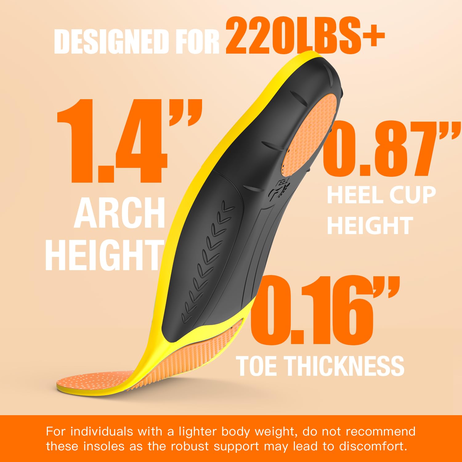 BestHalo Plantar Fasciitis Insoles - High Arch Support Inserts, Gel Cushion, Relief for Flat Feet - 220+ lbs Orthotics Insoles Ideal for Work Boots (Orange, Men 9-10.5 | Women 10-11.5)