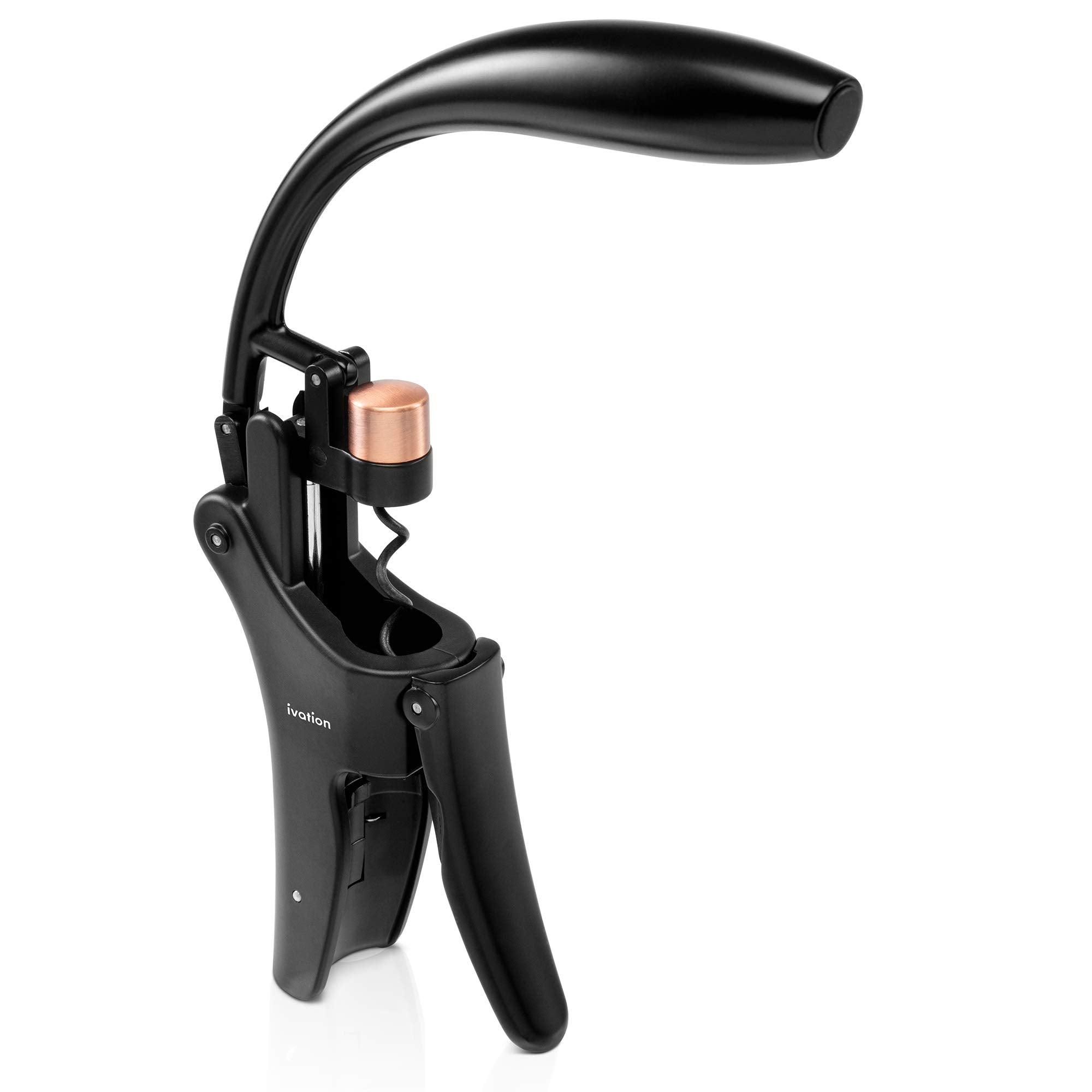 Ivation Wine Bottle Opener | Manual Handheld Corkscrew with Ergonomic Lever Pump, Standing Vertical Design, Soft Bottleneck Grip, Nonstick Screw & Easy No-Twist Cork Removal | Black & Bronze Stainless
