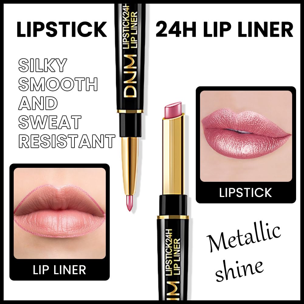 evpct 3Pcs Light Pink Nude Brown Metallic Shine Shimmer Lip Liner and Lipstick Combo Set Kit for Women, DNM Lightweight Hydrating Formula High Impact Full Coverage Lipstick and Lip Liner Makeup Gloss