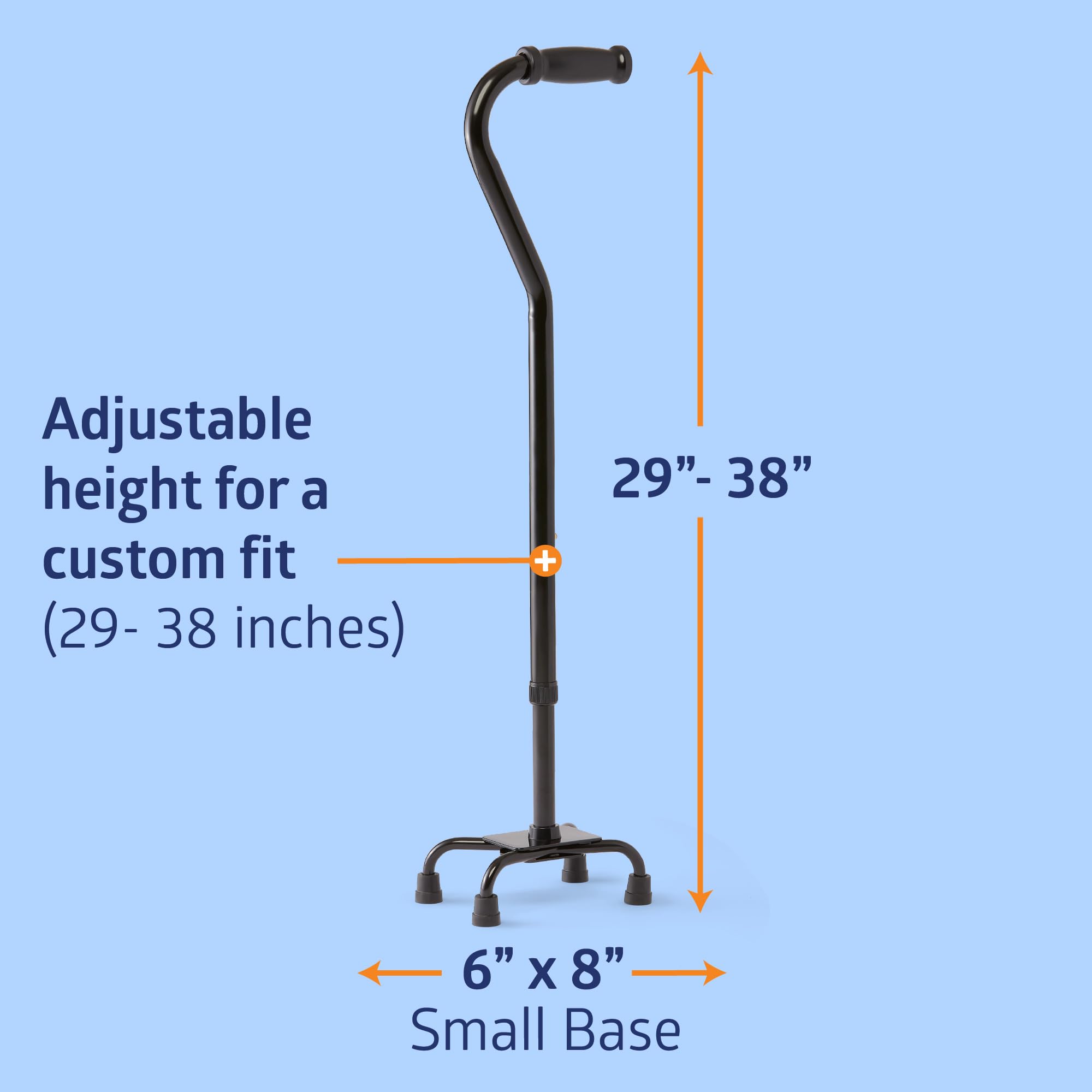Medline Aluminum Quad Cane with Small Base for Balance, Height Adjustable 29" to 38", Knee Injuries, Surgery Recovery & Mobility, Lightweight Walking Aid for Seniors & Adults, 300 lb Weight Capacity