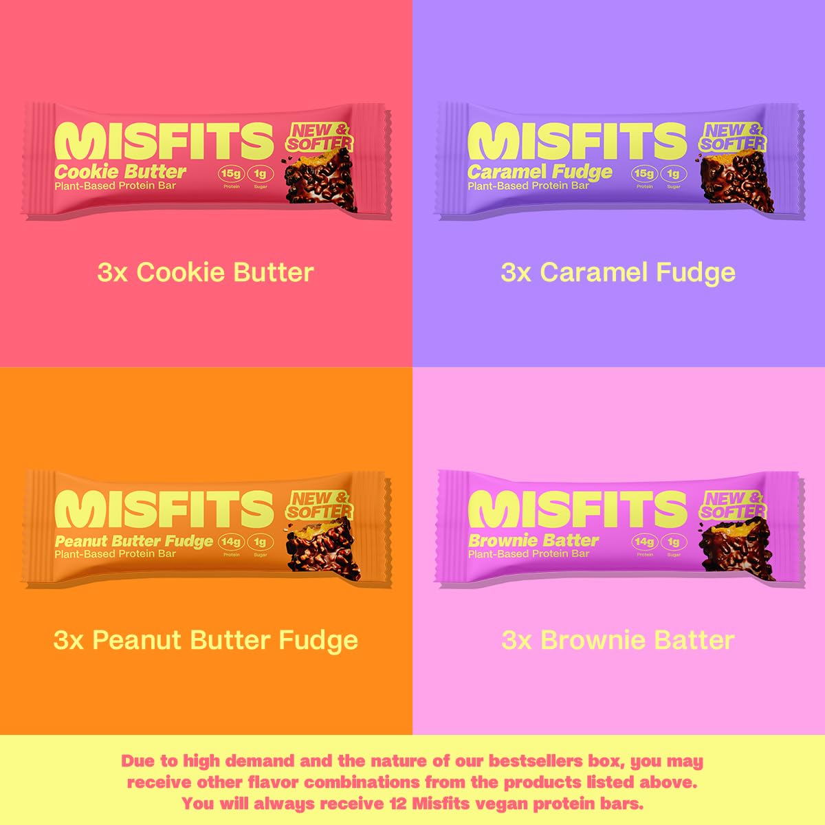 Misfits Vegan Protein Bars - Updated Recipe | Plant Based, Low Sugar & Carb, High Fiber Snacks | Variety Pack of 12 (4 Flavors)