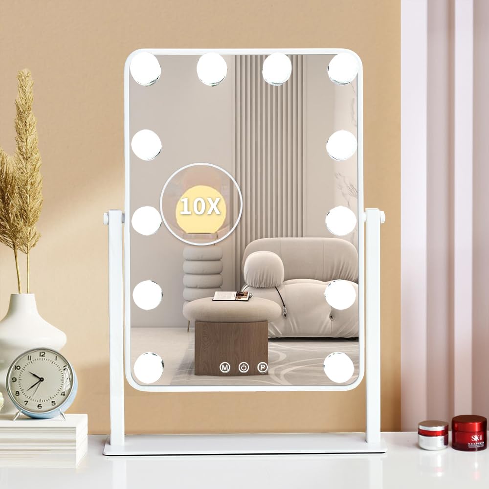 Leadzones Makeup Vanity Mirror with Lights,17.5"×13.7" Tabletop Led Hollywood Mirror with 12 Dimmable Bulbs,Smart Touch Control 3 Colors Light 10X Magnification 360°Rotation