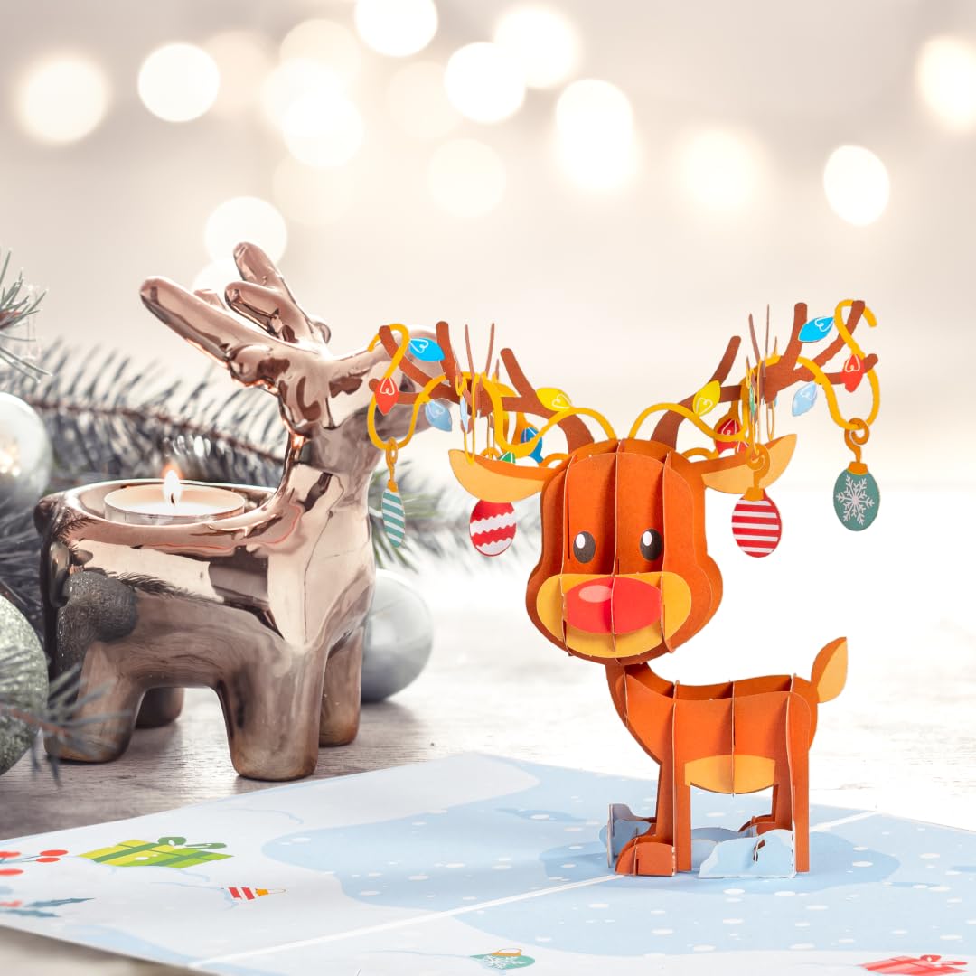 Paper Love 3D Reindeer Pop Up Christmas Card, Gift for Christmas or Holidays, 5" x 7" Cover - Includes Envelope and Removable Note Tag