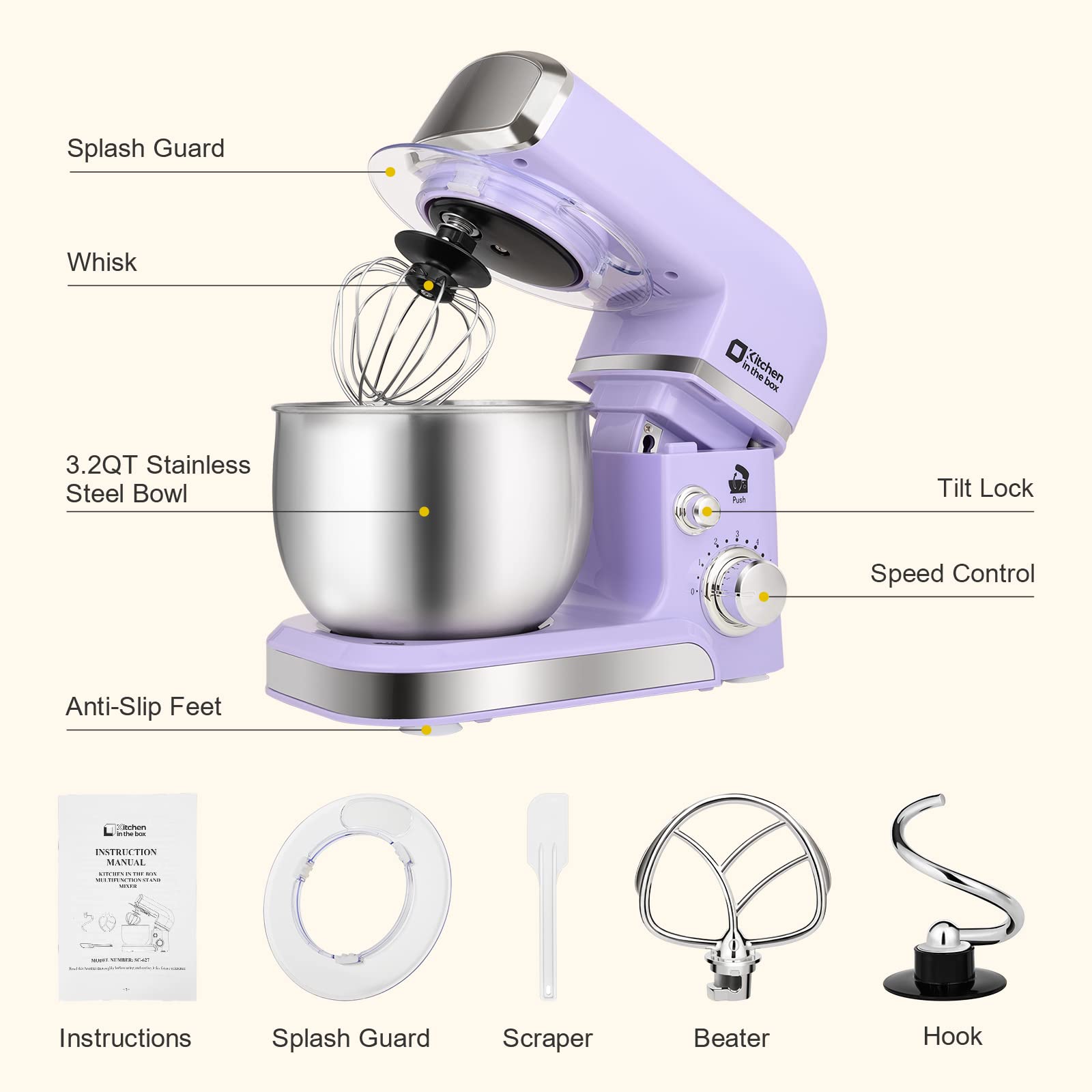 Stand Mixer, Kitchen in the box 3.2Qt Small Electric Food Mixer,6 Speeds Portable Lightweight Kitchen Mixer for Daily Use with Egg Whisk,Dough Hook,Flat Beater (Purple)