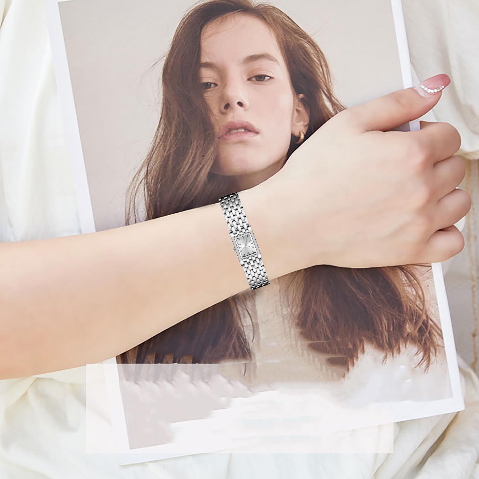 BESTKANG Luxury Women's Watch Easy Read Fashion Dainty Stainless Steel Square Rectangle Ladies Watch Waterproof Watches for Women (Silver White)