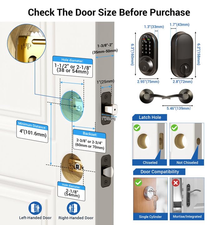 Veise Smart Locks for Front Door, 2 Lever Handle Set, Keyless Entry Deadbolt, App Control, Electronic Digital Touchscreen Keypad, Auto Lock, IP54 Waterproof, Easy Installation, Matte Black