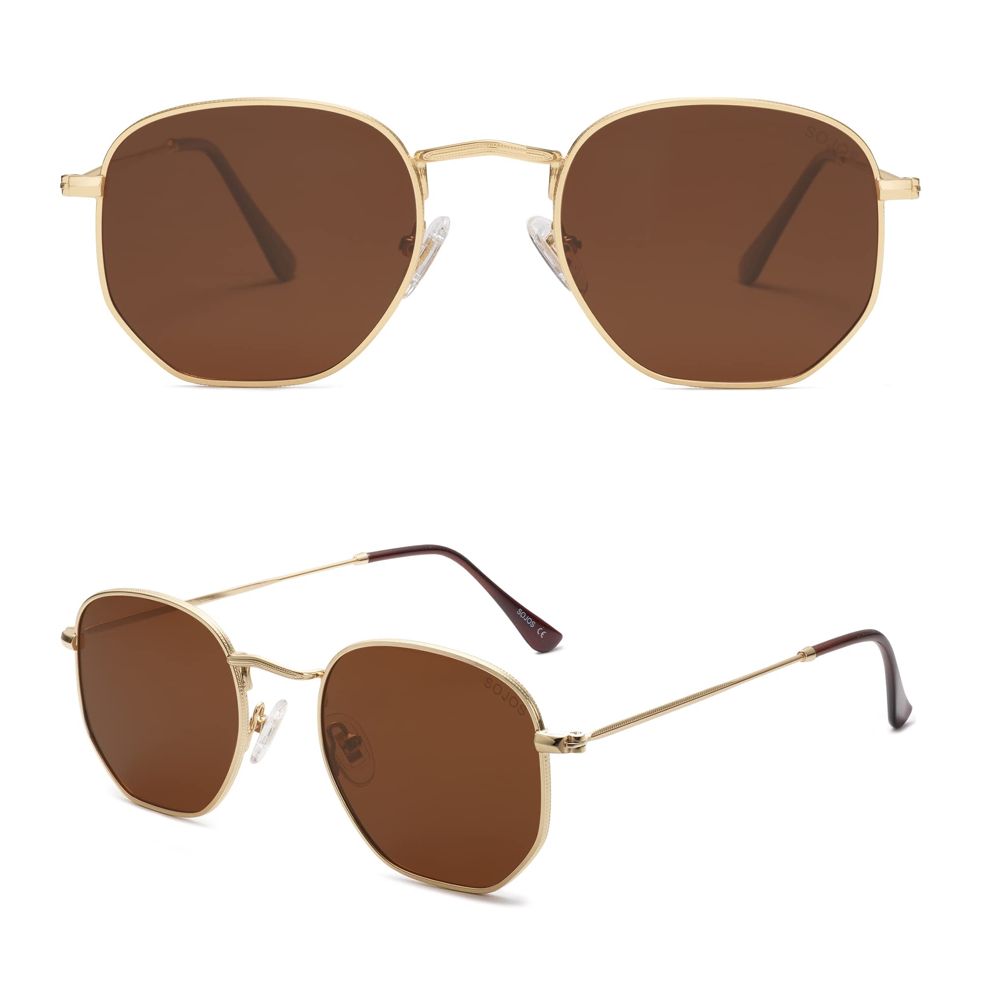 SOJOS Small Square Polarized Sunglasses for Men and Women Polygon Mirrored Lens SJ1072 with Gold Frame/Brown Lens