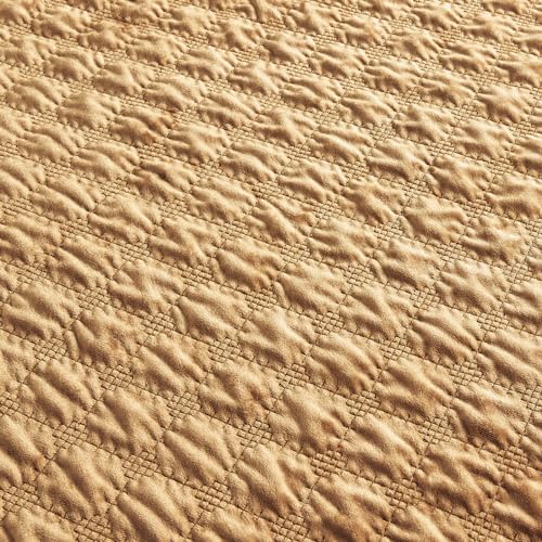 Fredsure Distressed Velvet Quilt Set, 3 Pieces Camamel Gold Queen, Distressed Velvet Face and Brushed Microfiber Reverse with Geometry Embroidery Quilting