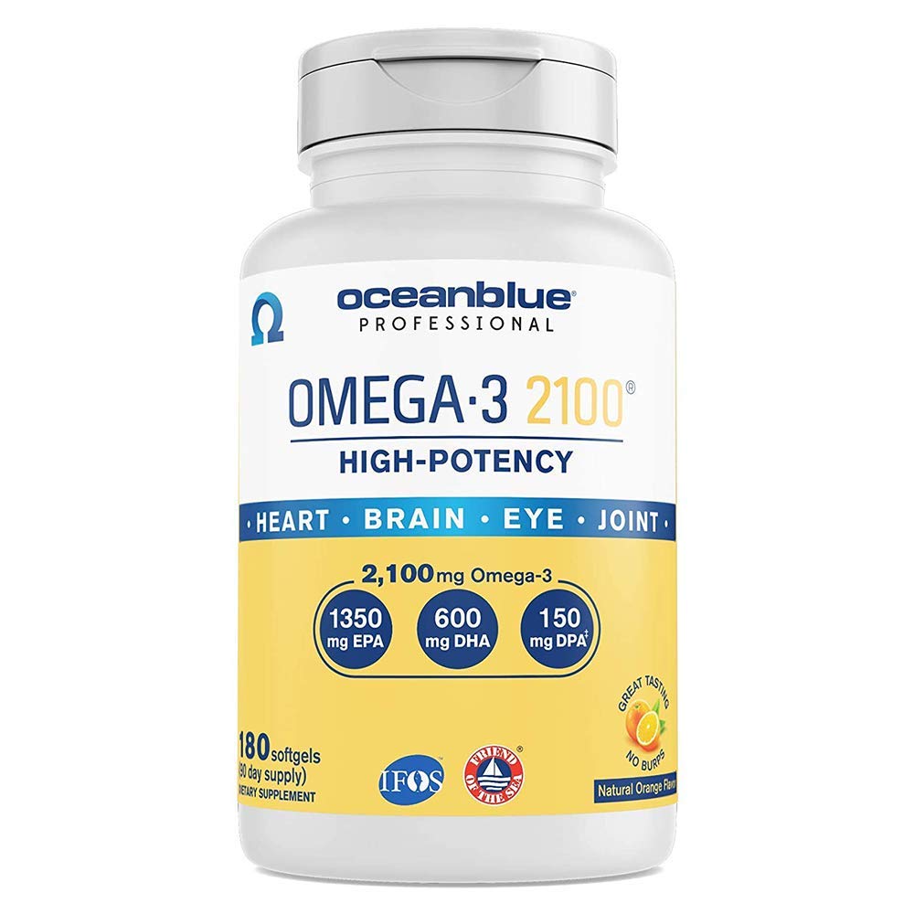 Oceanblue Professional Omega-3 2100 – 180 ct – Triple Strength Burpless Fish Oil Supplement with High-Potency EPA, DHA, DPA – Wild-Caught – Orange Flavor (90 Servings)