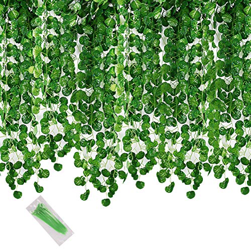 MerryNine 24 Pack Artificial Ivy Greenery, Hanging Vines Garland Fake Green Baskets Leaves Fake Foliage Flowers for Home Kitchen Garden Office Wedding Wall Party Decoration (Green Basket Leaf-24)