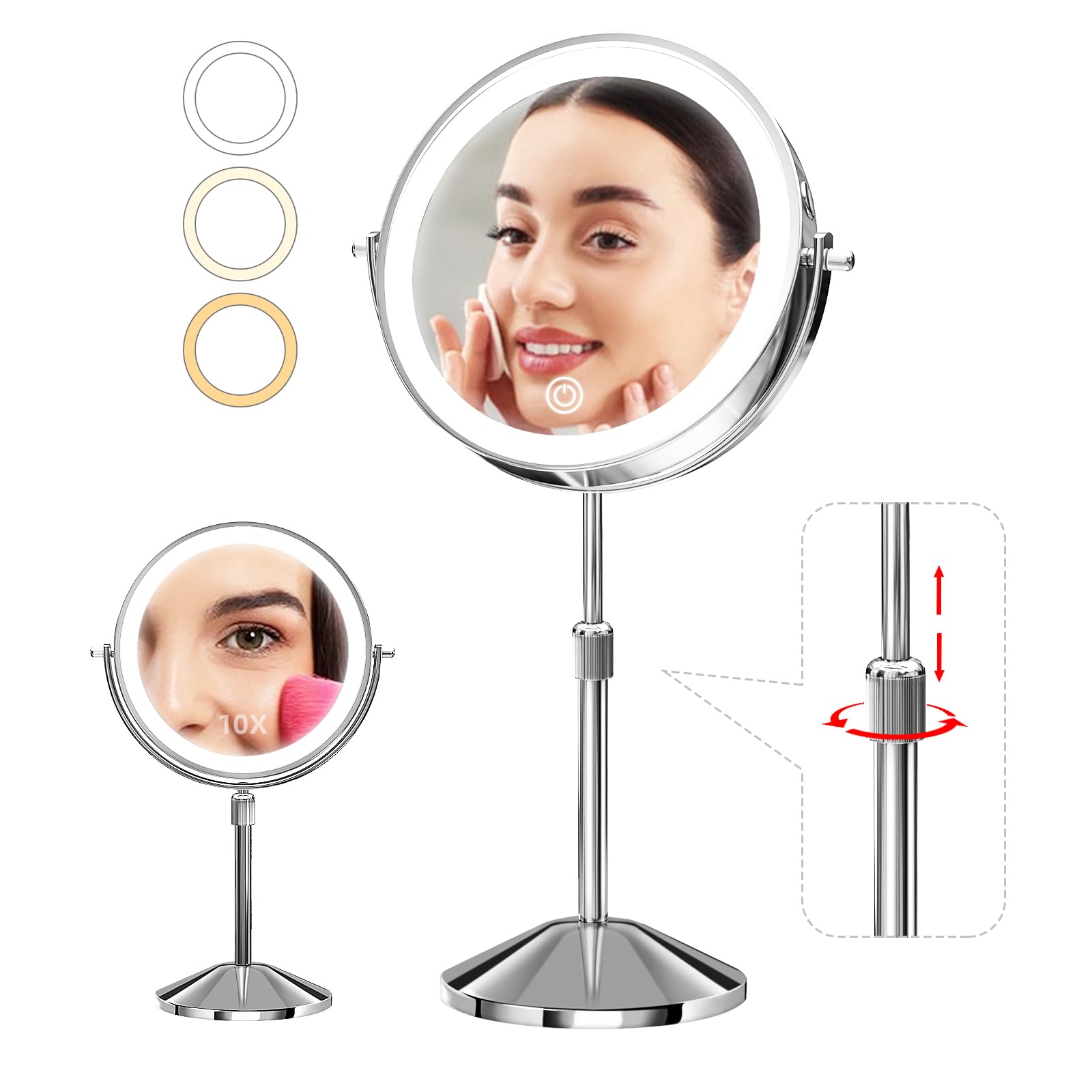 Omobolanle 7" Lighted Makeup Mirror, 10X Magnifying Mirror with Light 360° Rotation Double Sided Mirror with 3 Color Lights Brightness & Height Adjustable Rechargeable LED Light Up Mirror Silver