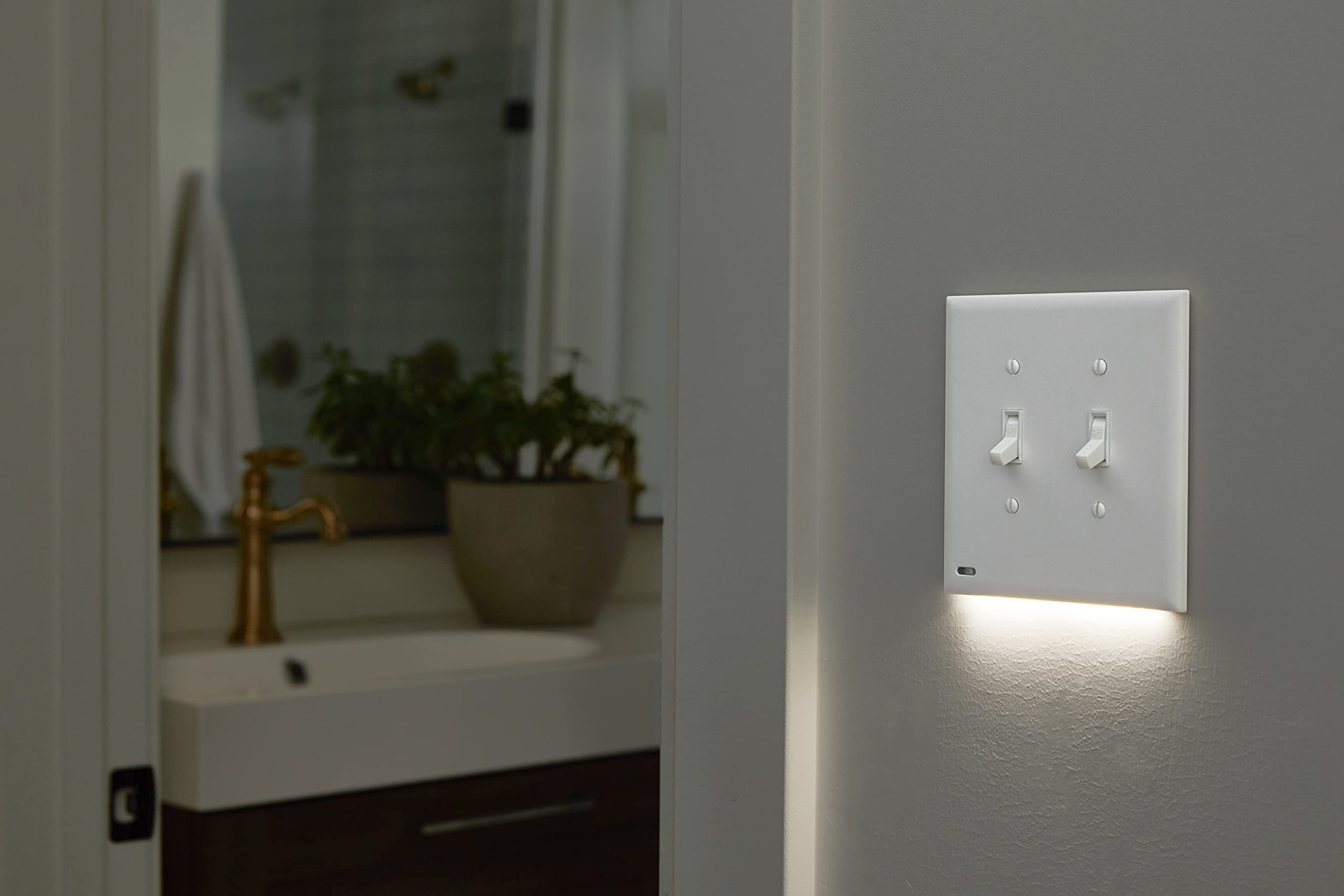 2 Pack - SnapPower SwitchLight [for Double-Gang Light Switches] - Light Switch Wall Plate with Built-in LED Night Lights - Bright/Dim/Off Options - Auto On/Off Sensor - (Toggle, White)