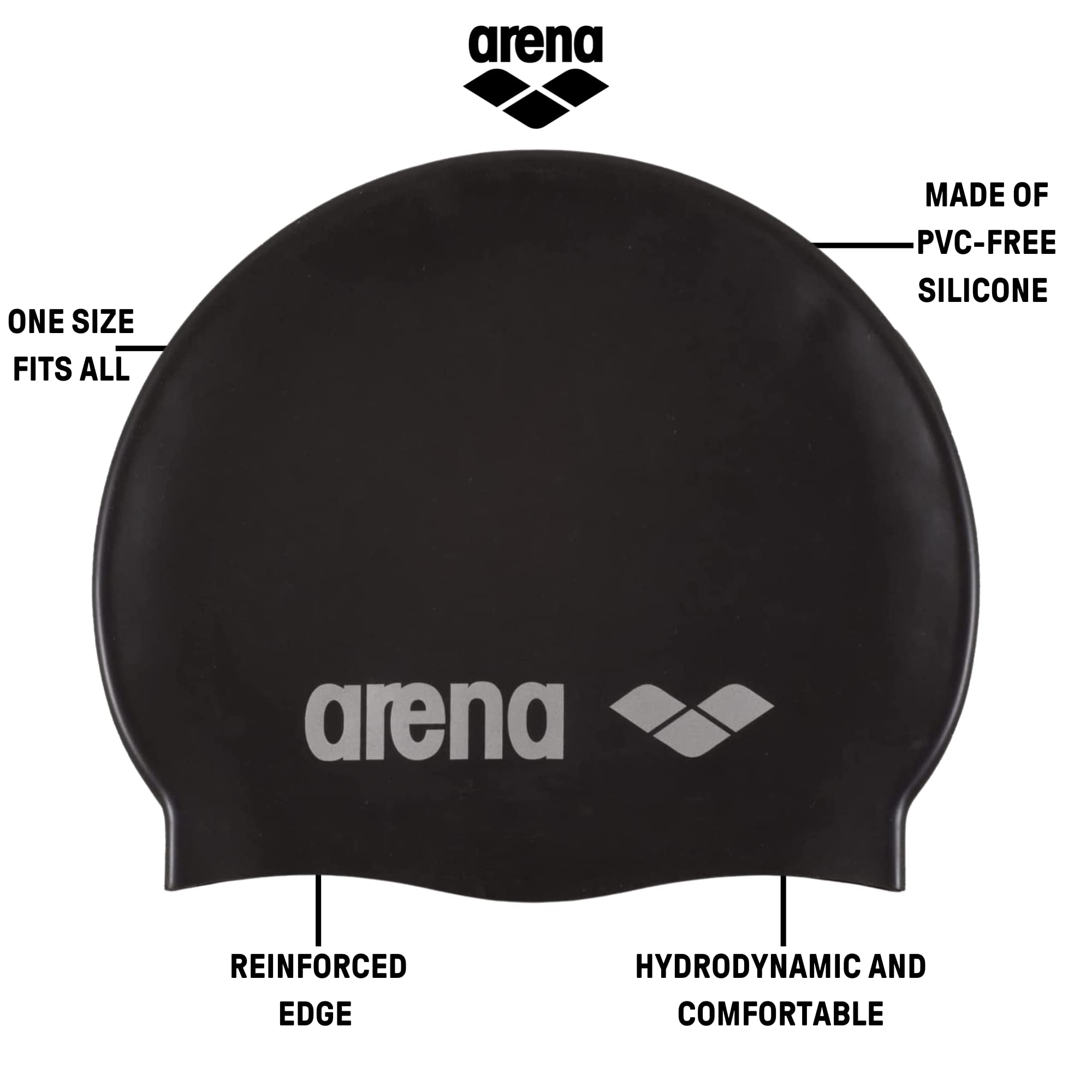 Arena Classic Unisex Soft Silicone Swim Cap for Women and Men, Intensive Training and Racing Comfortable Non-Slip Long Hair Swimming Hat, Black/Silver