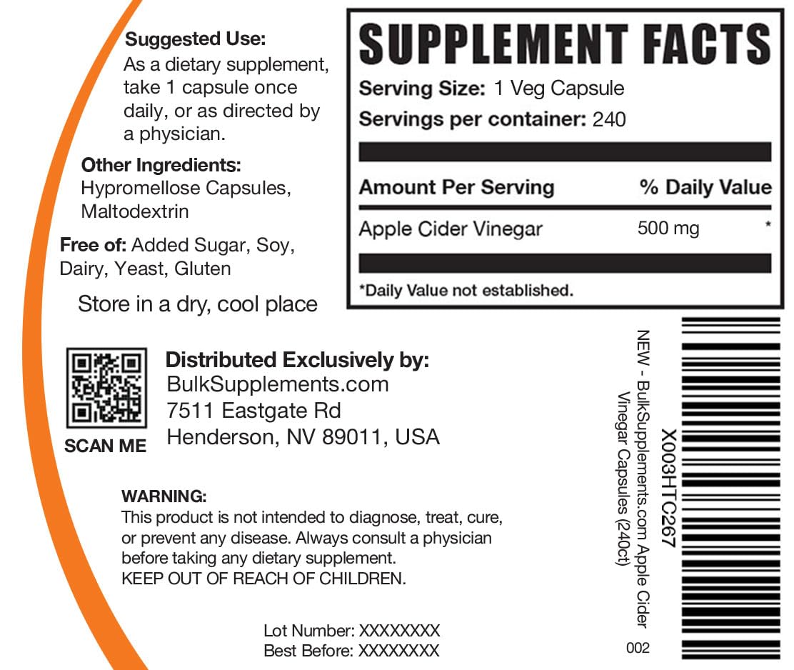 BULKSUPPLEMENTS.COM Apple Cider Vinegar Capsules - ACV Pills for Digestive & Heart Support, Soy Free - 1 Capsule (500mg) per Serving, 240 Veg Capsules (Pack of 1)