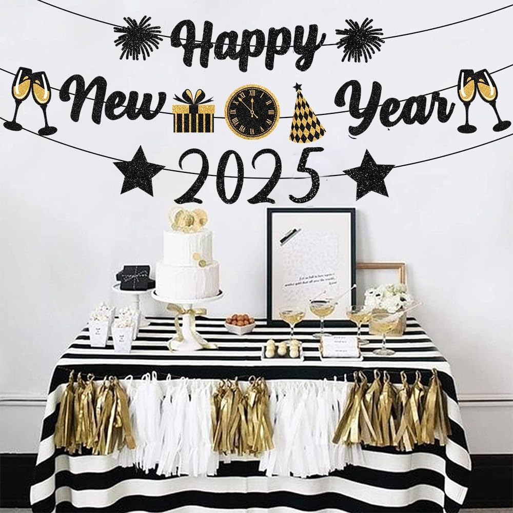 IMISHM Black Gold New Years Decorations 2025 Glitter Happy New Year Banner New Years Eve Party Supplies New Years Eve Decorations Happy New Year Sign For New Year Party Decorations