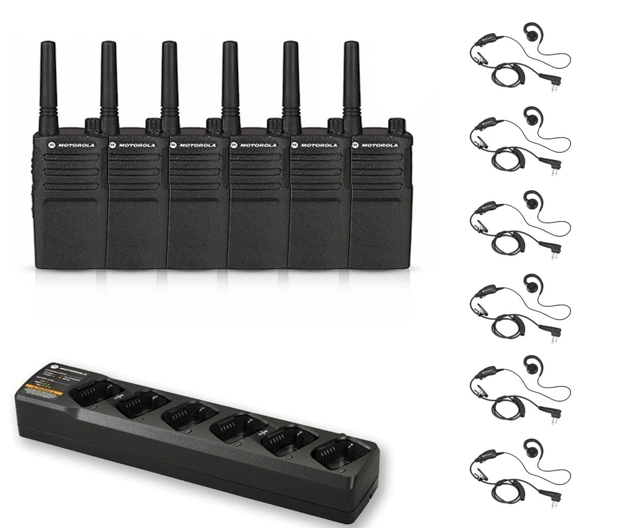 6 Pack of Motorola RMU2040 Radios with 6 Push to Talk (PTT) earpieces and a 6-Bank Radio Charger