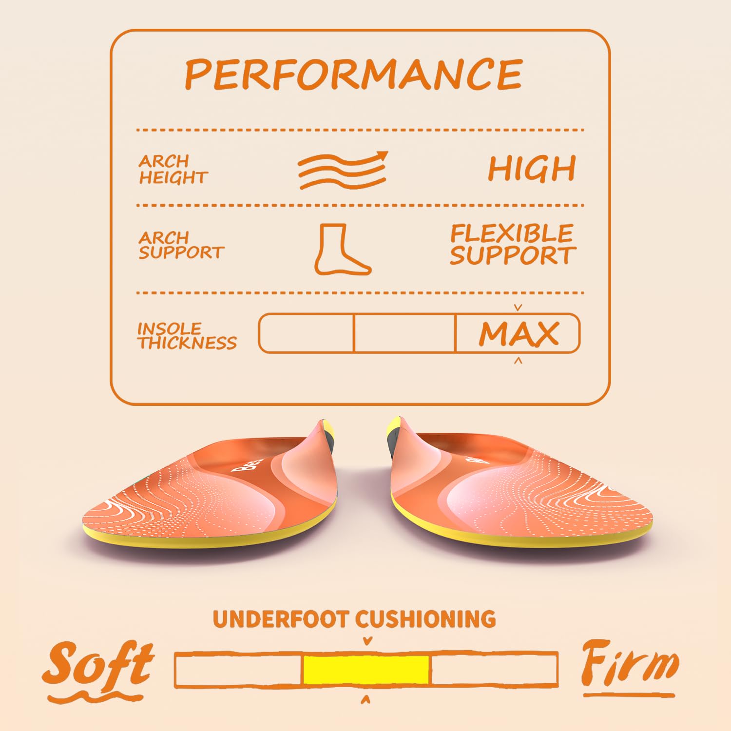 BestHalo Plantar Fasciitis Insoles - High Arch Support Inserts, Gel Cushion, Relief for Flat Feet - 220+ lbs Orthotics Insoles Ideal for Work Boots (Orange, Men 9-10.5 | Women 10-11.5)