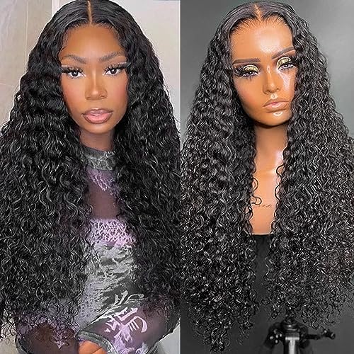 ABSFWIW 18Inch Deep Wave Lace Front Wigs Human Hair-13x4 HD Transparent Deep Wave Frontal Wigs Glueless Curly Wigs for Women 180% Density Curly Lace Front Wigs Human Hair Pre Plucked with Baby Hair