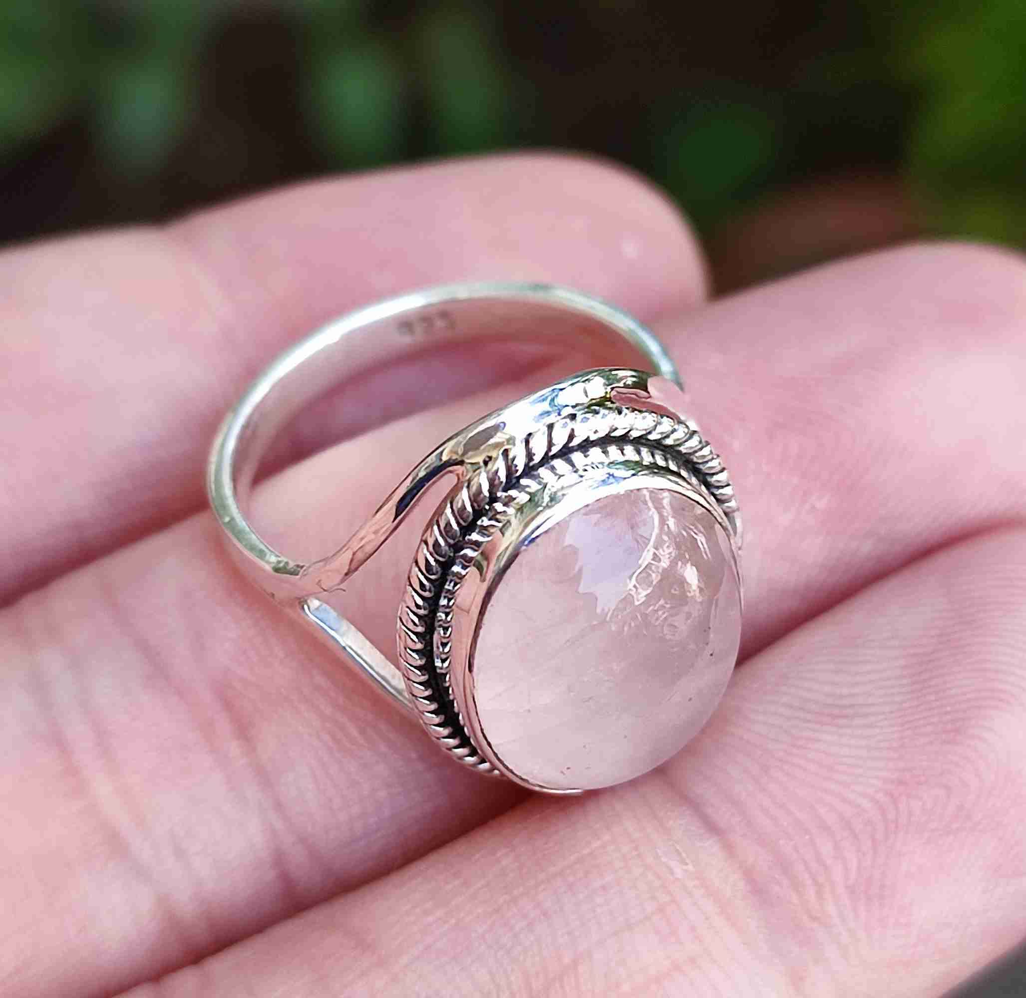 Navya Craft Rose Quartz Ring, 925 Sterling Silver Handmade Statement Promise Rings for Women, Natural Pink Oval Gemstone Boho Jewelry, January Birthstone, Gift for Her Birthday Anniversary (7.5)