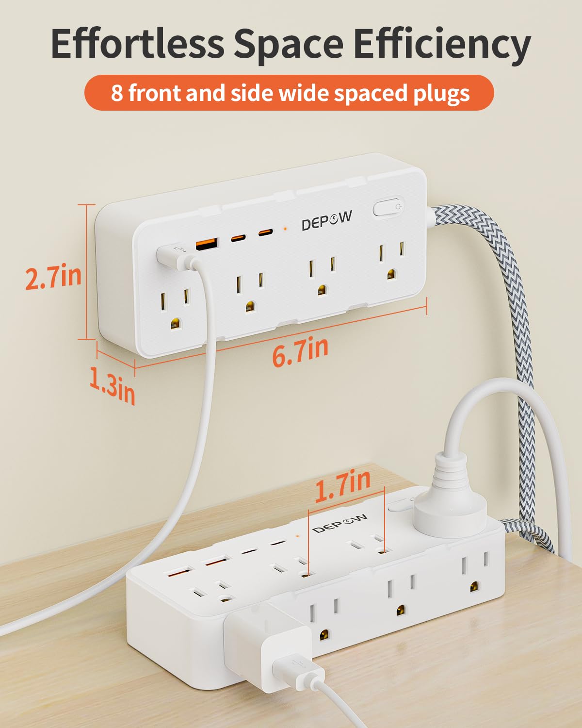 DEPOW Power Strip Surge Protector with 5FT Braided Flat Extension Cord, Wall Mount Charging Station with 8 Outlets 4 USB Ports(2 USB C), Ultra Thin Flat Plug for Home Office, Dorm, Hotel, Travel