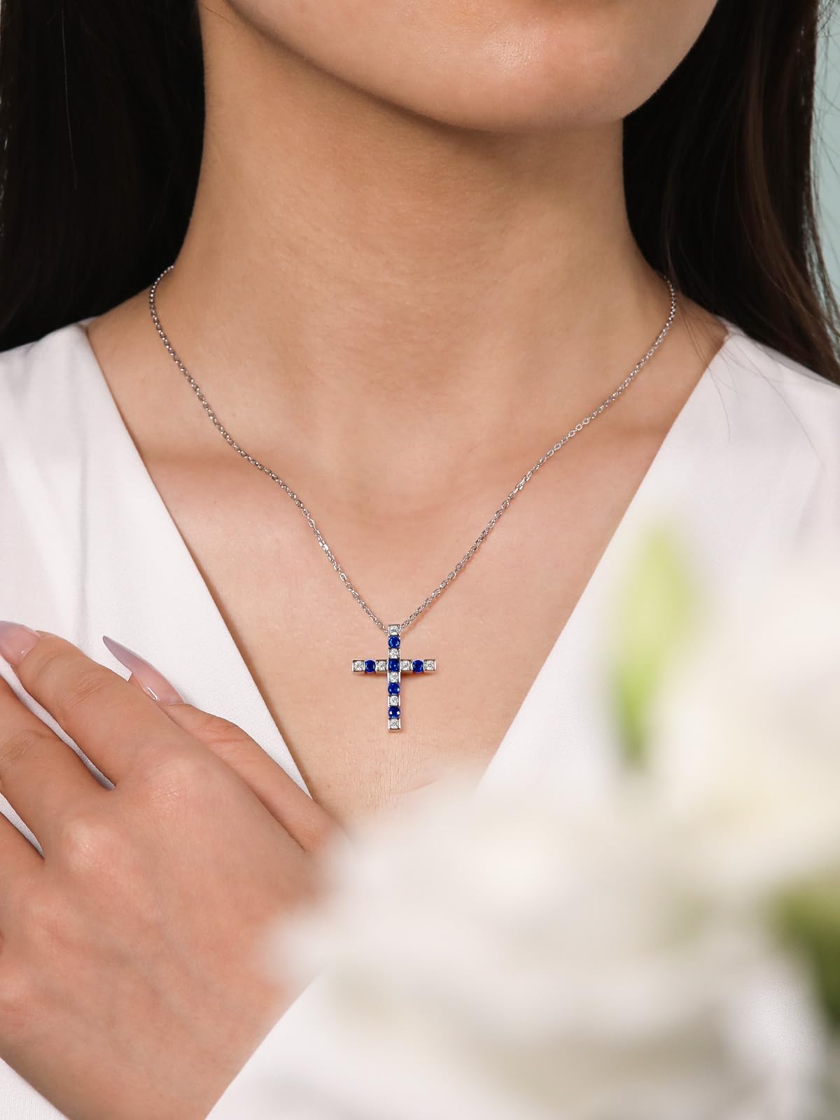 FWM Men Blue Cross Necklace 925 Sterling Silver Moissanite and Sapphire Cross Pendant for Women September Birthstone Gifts