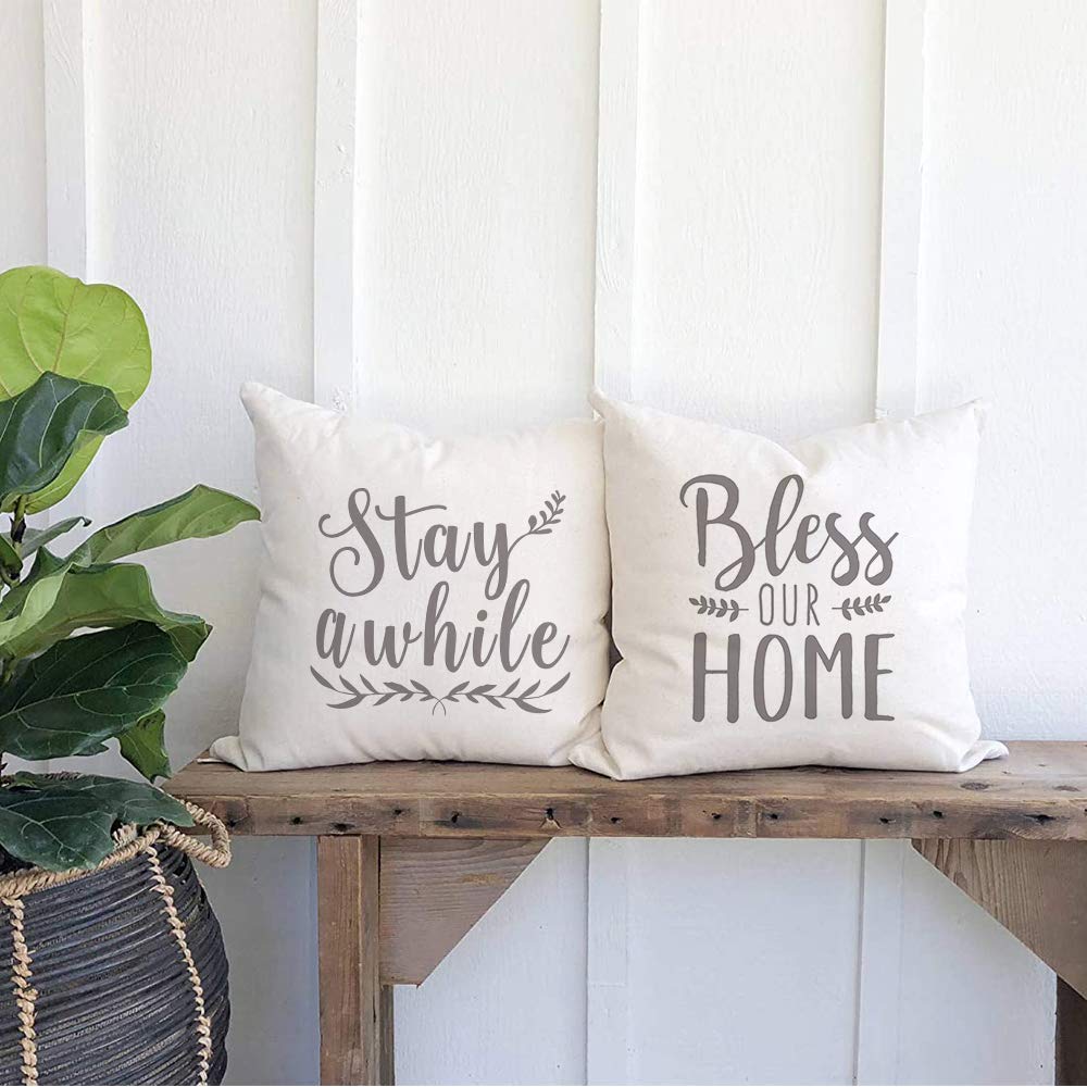 GEEORY Farmhouse Decor Pillow Covers 18x18 Inch Set of 4 Eucalyptus Wreath Bless Our Home Decorative Throw Pillow Covers Stay a While Cushion Case Pillow Case for Couch Sofa