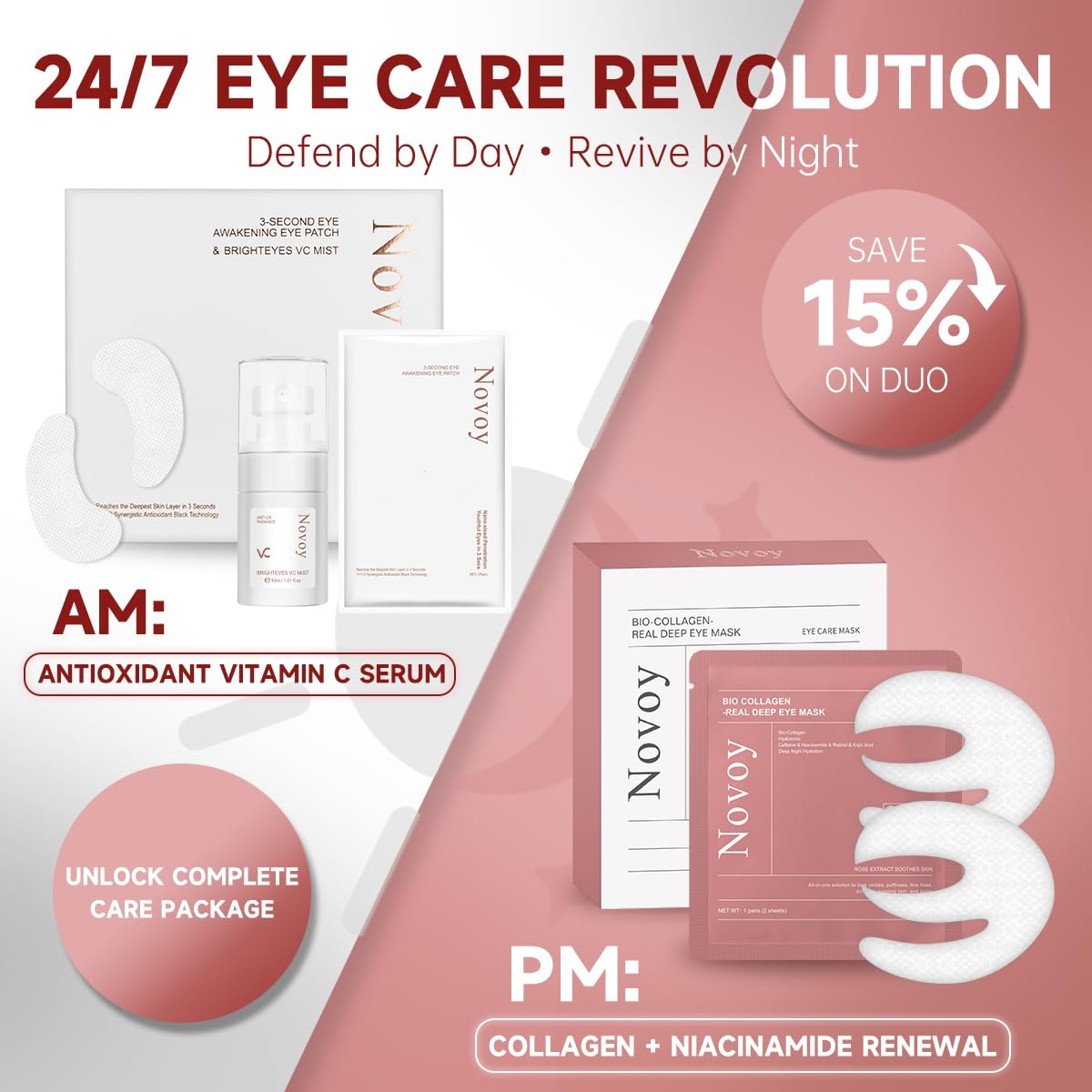 Novoy 7 Pairs Bio-Collagen Real Deep Eye Patches - 6-in-1 Retinol Overnight Eye Patches for Dark Circles, Puffiness & Wrinkles | 2% Caffeine+Hyaluronic+Niacinamide, Korean Popular Eye Mask - ROSE