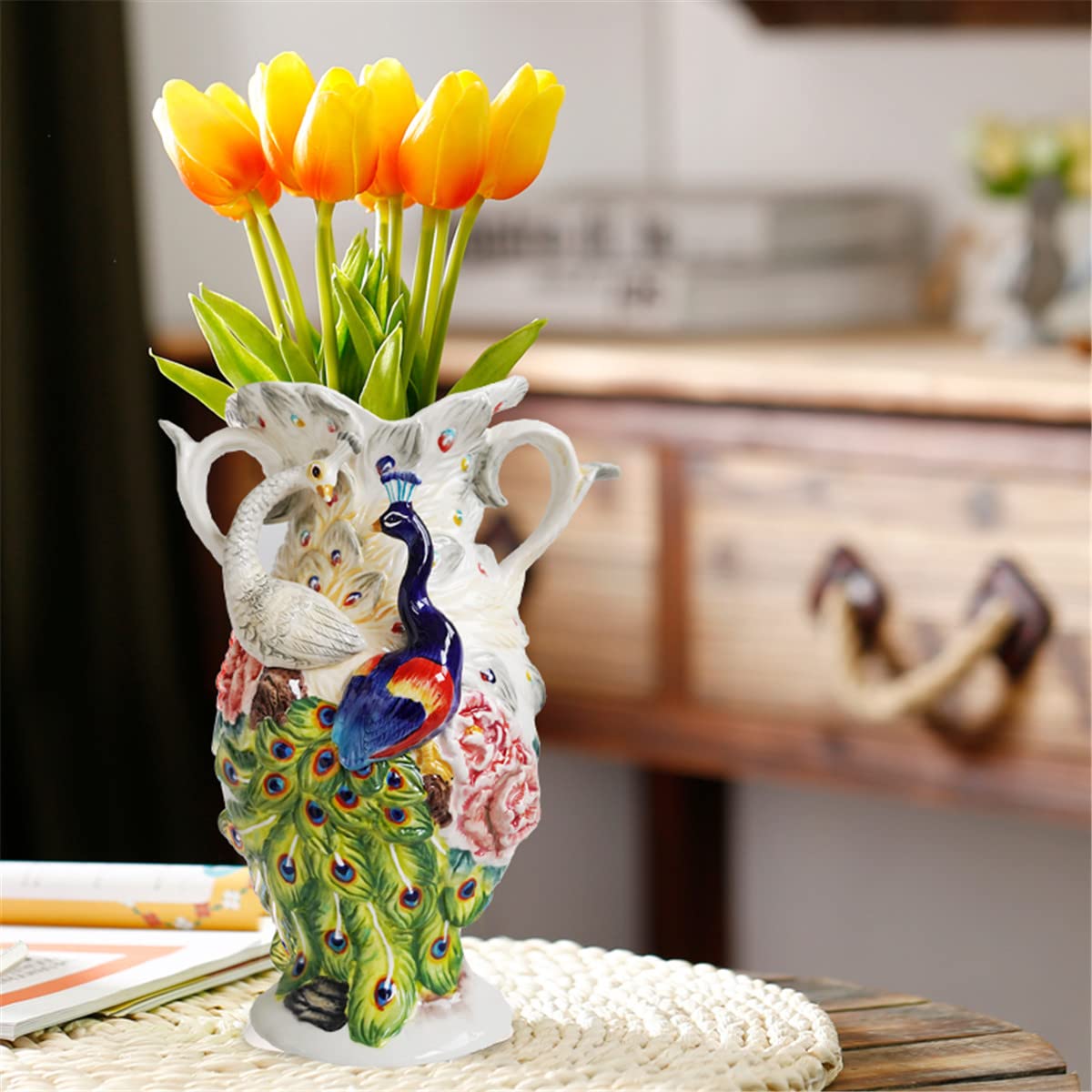 Minigift Large Ceramic Vase,3D Hand-Painted Peacock Home Decor Bouquet Holder-11.7H Inches