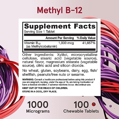 Jarrow Formulas Extra Strength Methyl B-12 1000mcg, Dietary Supplement for Cellular Energy Production and Brain Health Support, 100 Lemon-Flavored Chewable Tablets, 100 Day Supply