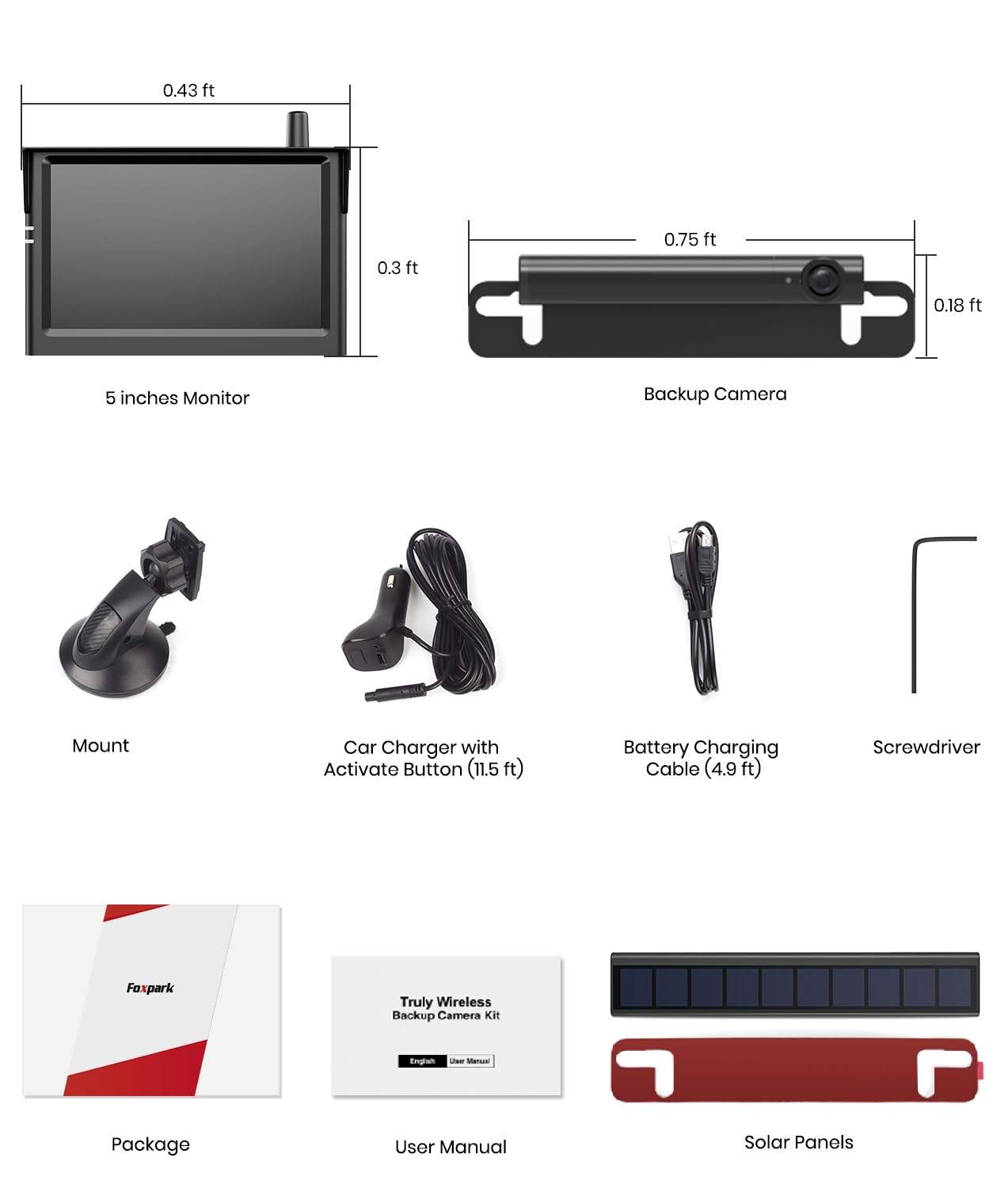 Foxpark Solar Wireless Backup Camera, 3Mins DIY Installation, 1080P Battery Powered Car Back Up Camera System, Support 2 Channels Hitch Reverse Camera for SUV/Van/Truck/Trailer