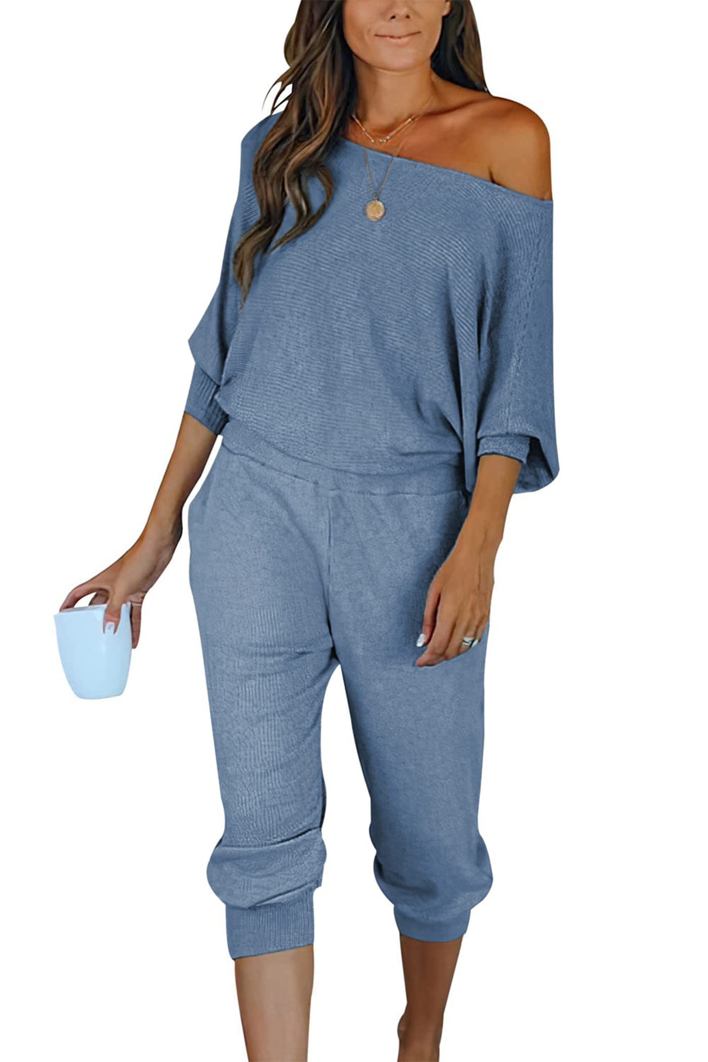 PRETTYGARDEN Women's 2 Piece Ribbed Tracksuit Outfits Off Shoulder Long Sleeve Pullover Lounge Pants with Pockets (Light Blue,Medium)