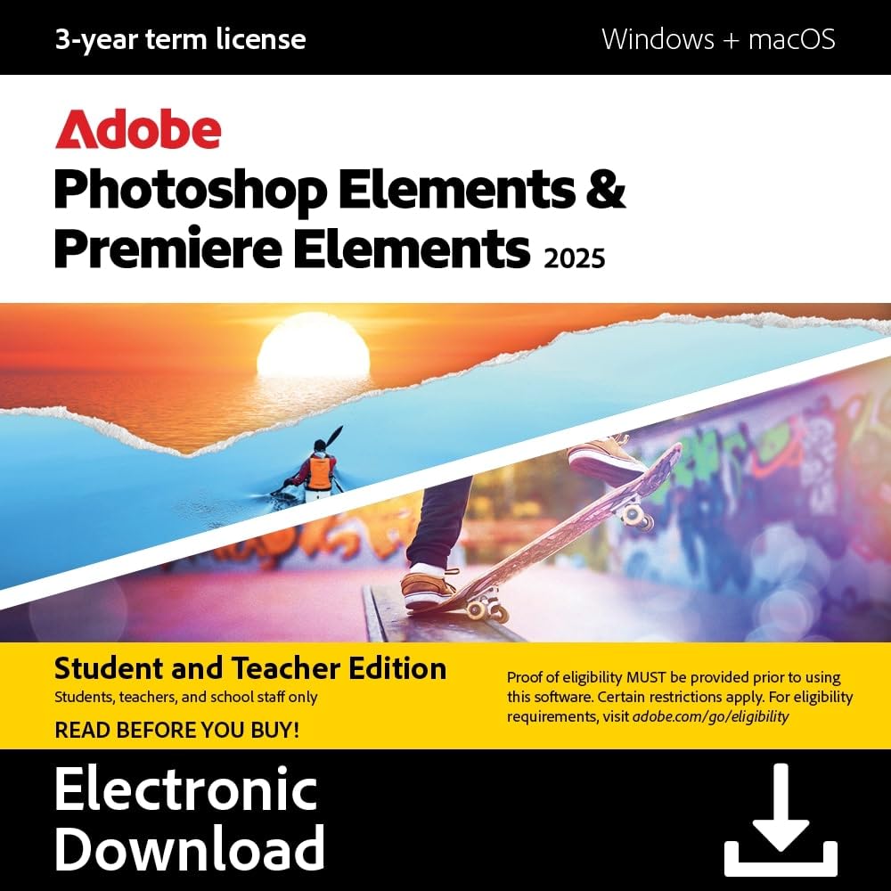 Adobe Photoshop Elements 2025 & Premiere Elements 2025 Student & Teacher Edition | PC/Mac Code | Software Download | Photo & Video Editing | 3-year term license | Activation Required