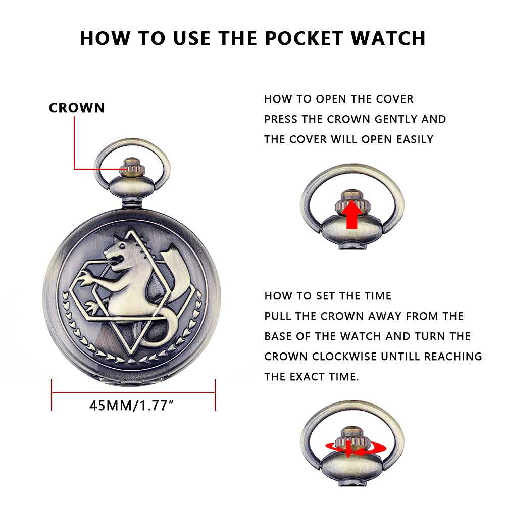 Tiong Fullmetal Alchemist Pocket Watch with Chain for Cosplay Pendant Accessories Christmas Valentine's Day Birthday Gifts Fathers Day(Brown)