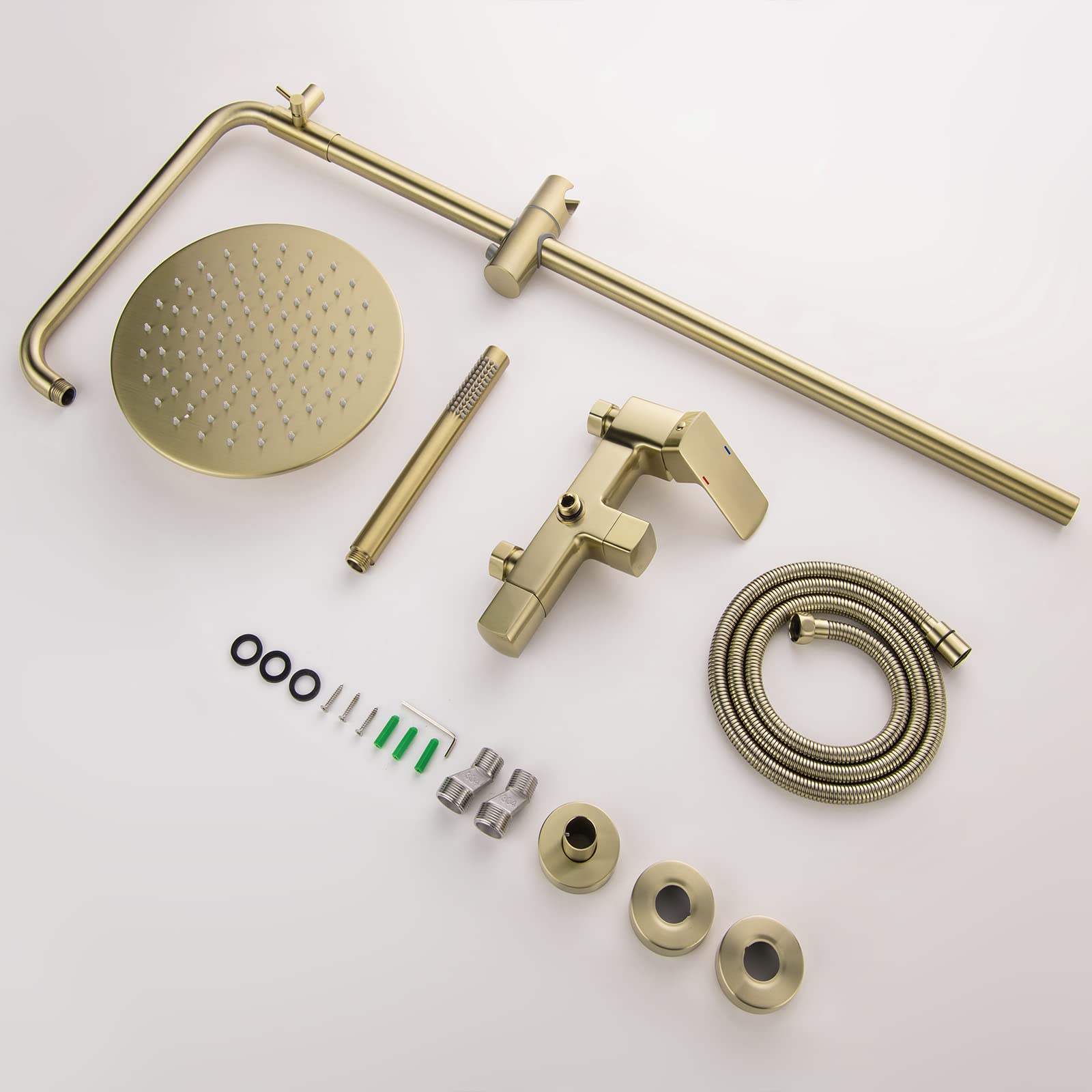 RBROHANT Brushed Gold Exposed Shower System with Tub Spout, 3-Functional Exposed Shower Fixtures with Brass Valve, Shower Height Adjustable, Wall Mounted, RB0880