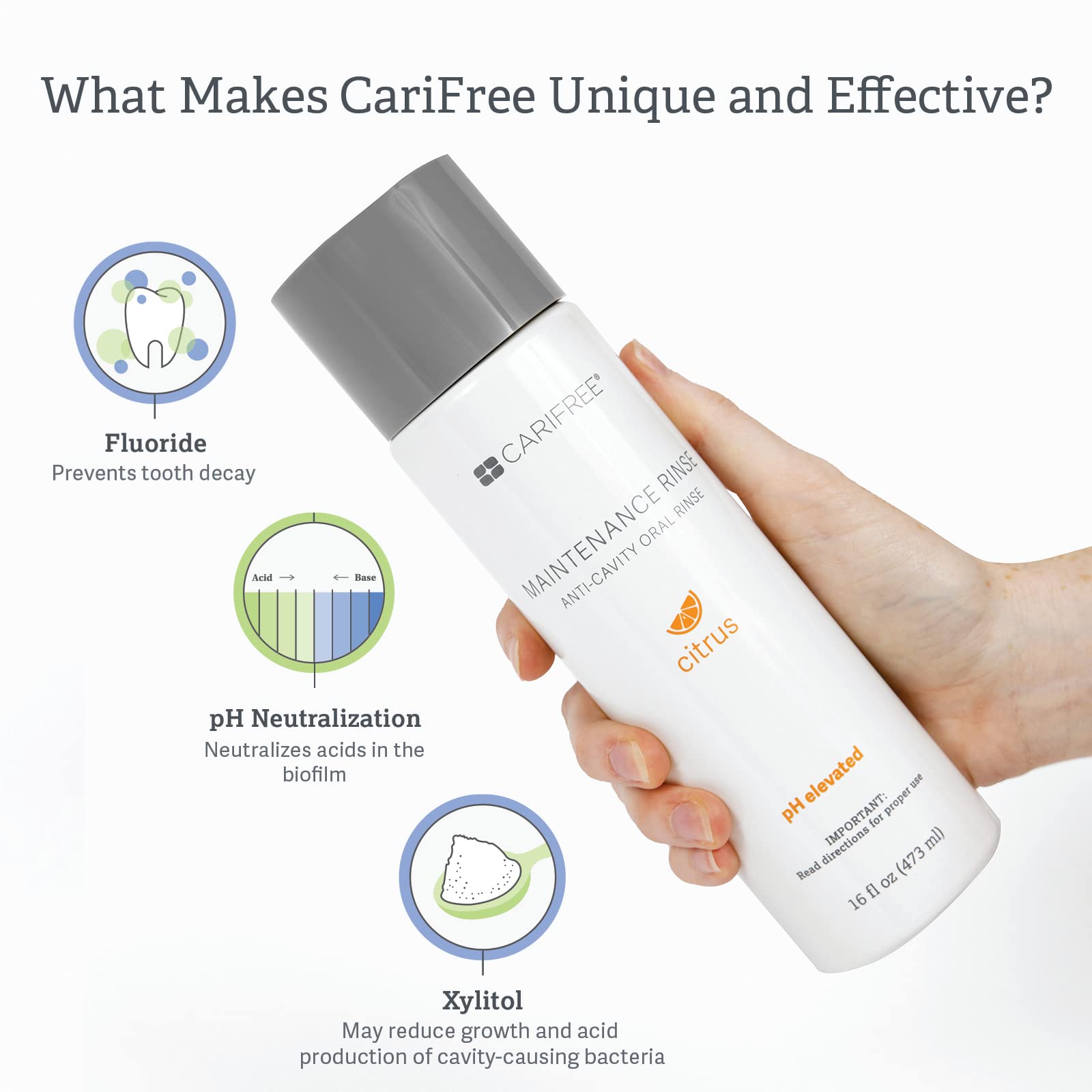 CariFree Maintenance Rinse (Citrus): Fluoride Mouthwash | Dentist Recommended Anti-Cavity Rinse | Xylitol | Neutralizes pH | Freshen Breath | Cavity Prevention | Alcohol Free