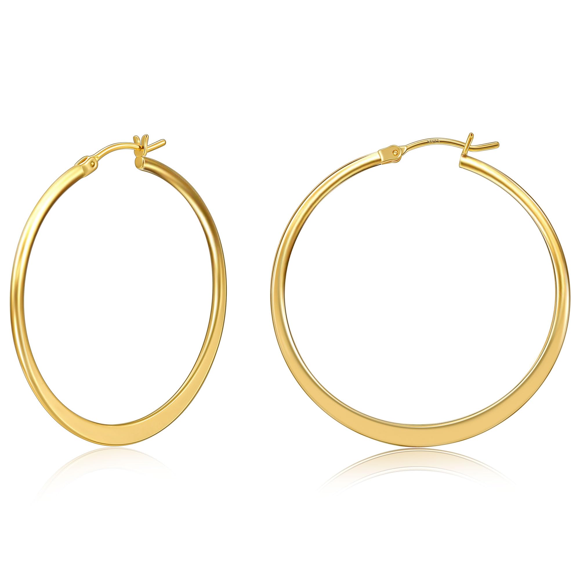 Gacimy Gold Hoop Earrings for Women 14k Real Gold Plated, Flattened Gold Hoops Medium Gold Earrings Hoops 40mm