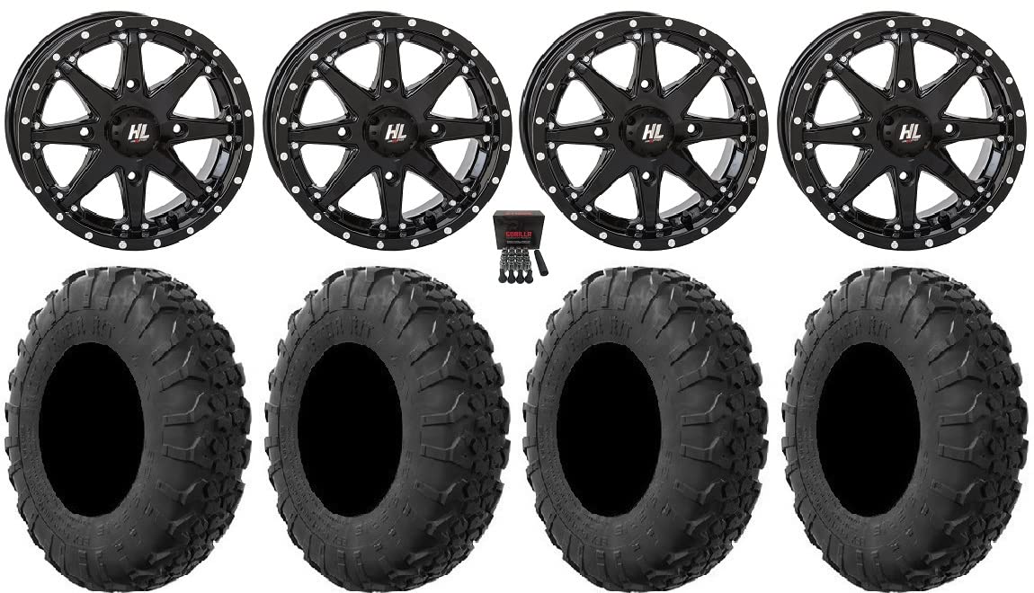 Bundle - 9 Items: High Lifter HL10 15" Wheels Black 35" MotoVator R/T Tires [4x137 Bolt Pattern 12mmx1.5 Lug Kit]