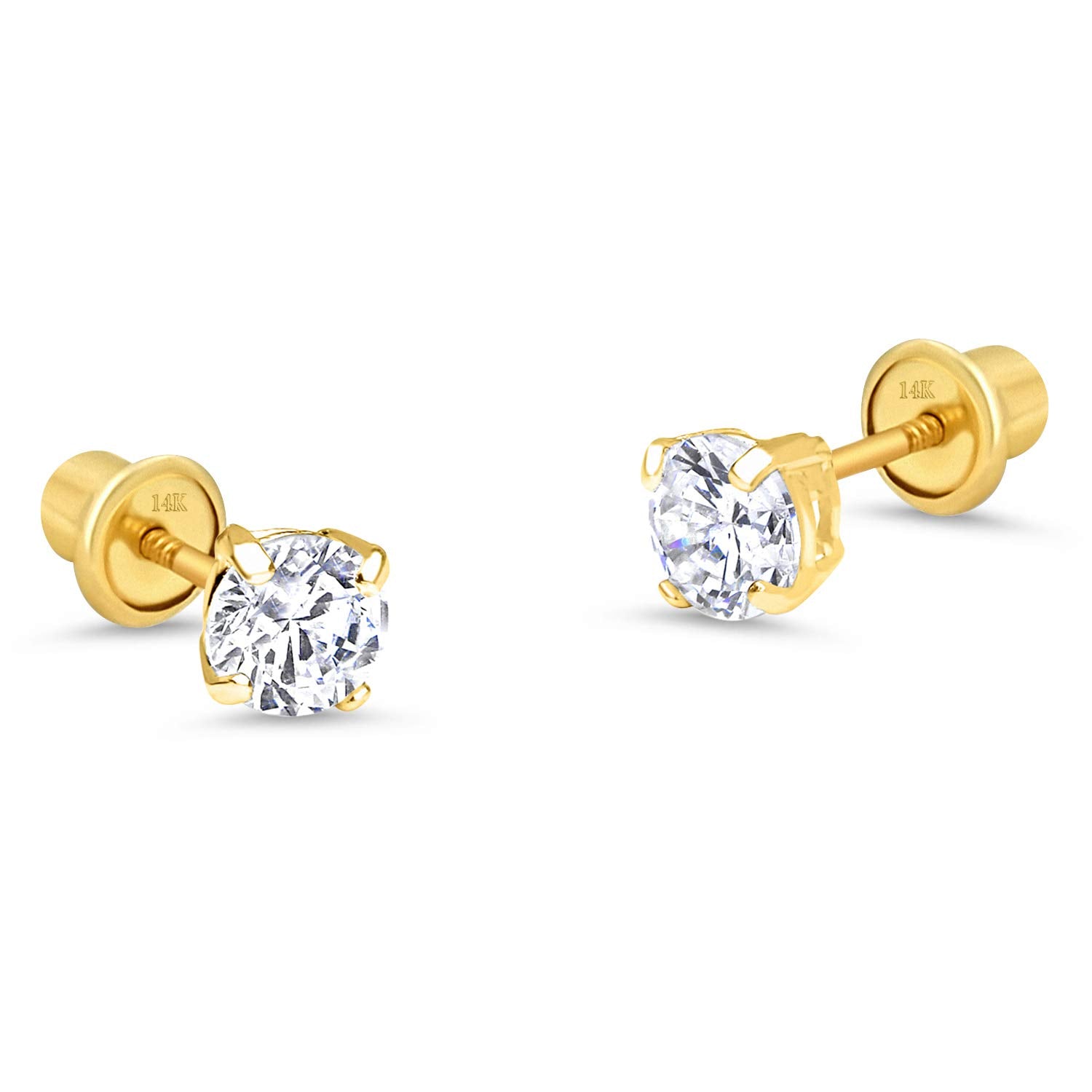 14k Yellow Gold 4mm Basket Round Solitaire Cubic Zirconia Children Screw Back Baby Girls Earrings