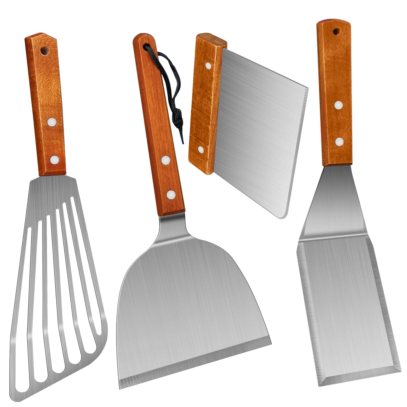KLAQQED Spatula, Metal Spatulas Set, Stainless Steel Spatula, Fish Spatula Turner Cooking BBQ Grill Griddle Spatula, Metal Spatula for Cast Iron Skillet, Small Wide Kitchen Spatulas with Wood Handle
