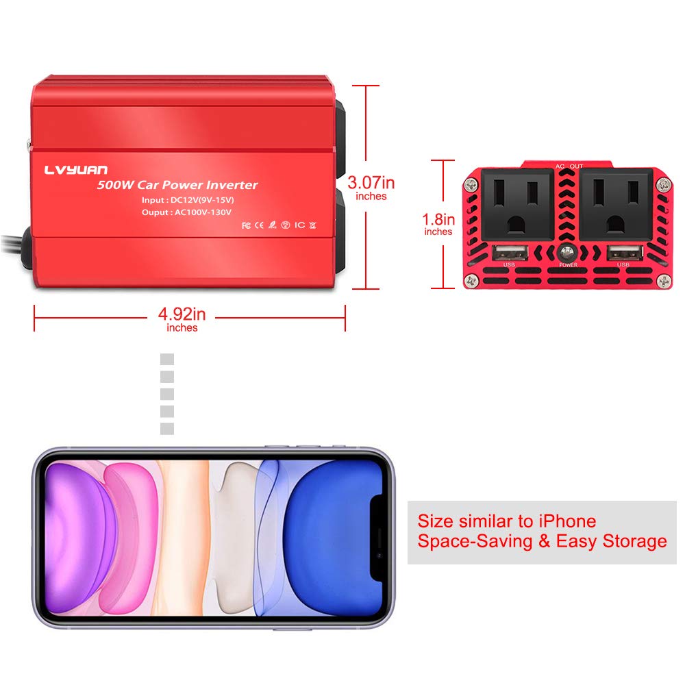 LVYUAN 500W Power Inverter DC 12V to 110V AC Car Inverter Converter with 3.1A Dual USB Car Adapter