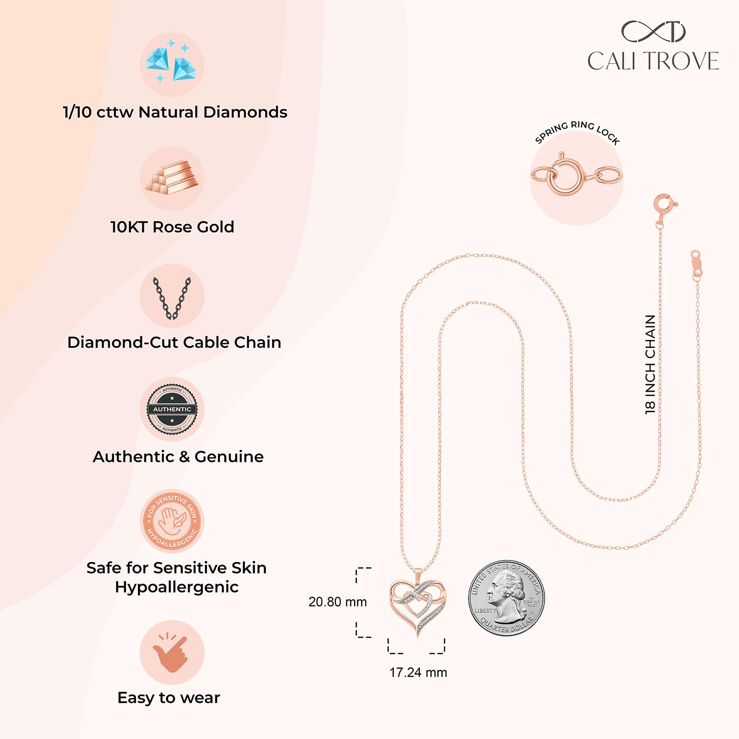 Cali Trove Double Heart Infinity Pendant for Women (Rose Gold) | 1/10cttw Real White Diamonds Necklace for Women | Double Heart Pendant Gift for her | Mother's Day Gift for Mom | Jewelry