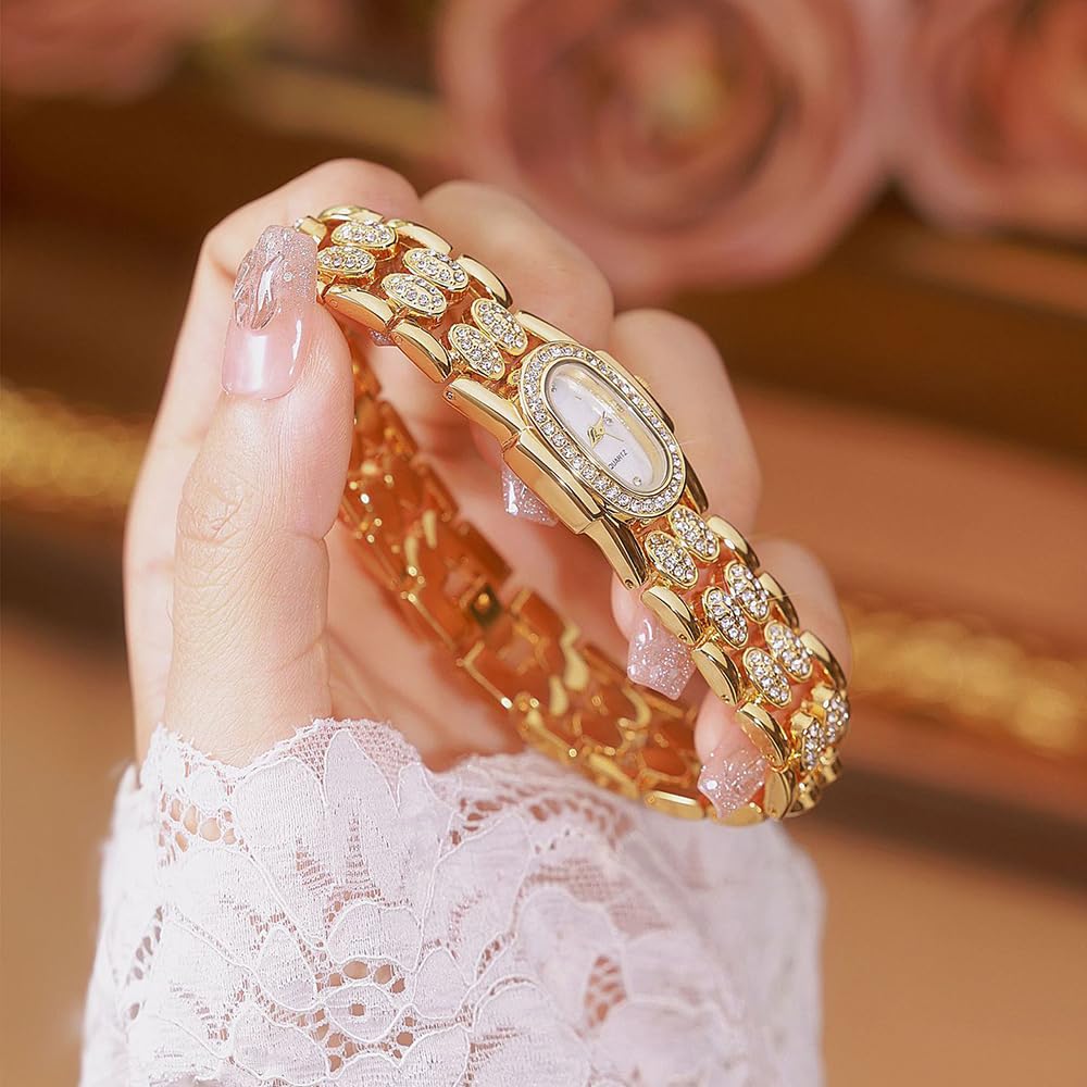 BESTKANG Dainty Watches for Women Vintage Rhinestone Bracelet Wrist Watch Luxury Small Ladies Oval Quartz Watch (Gold White)