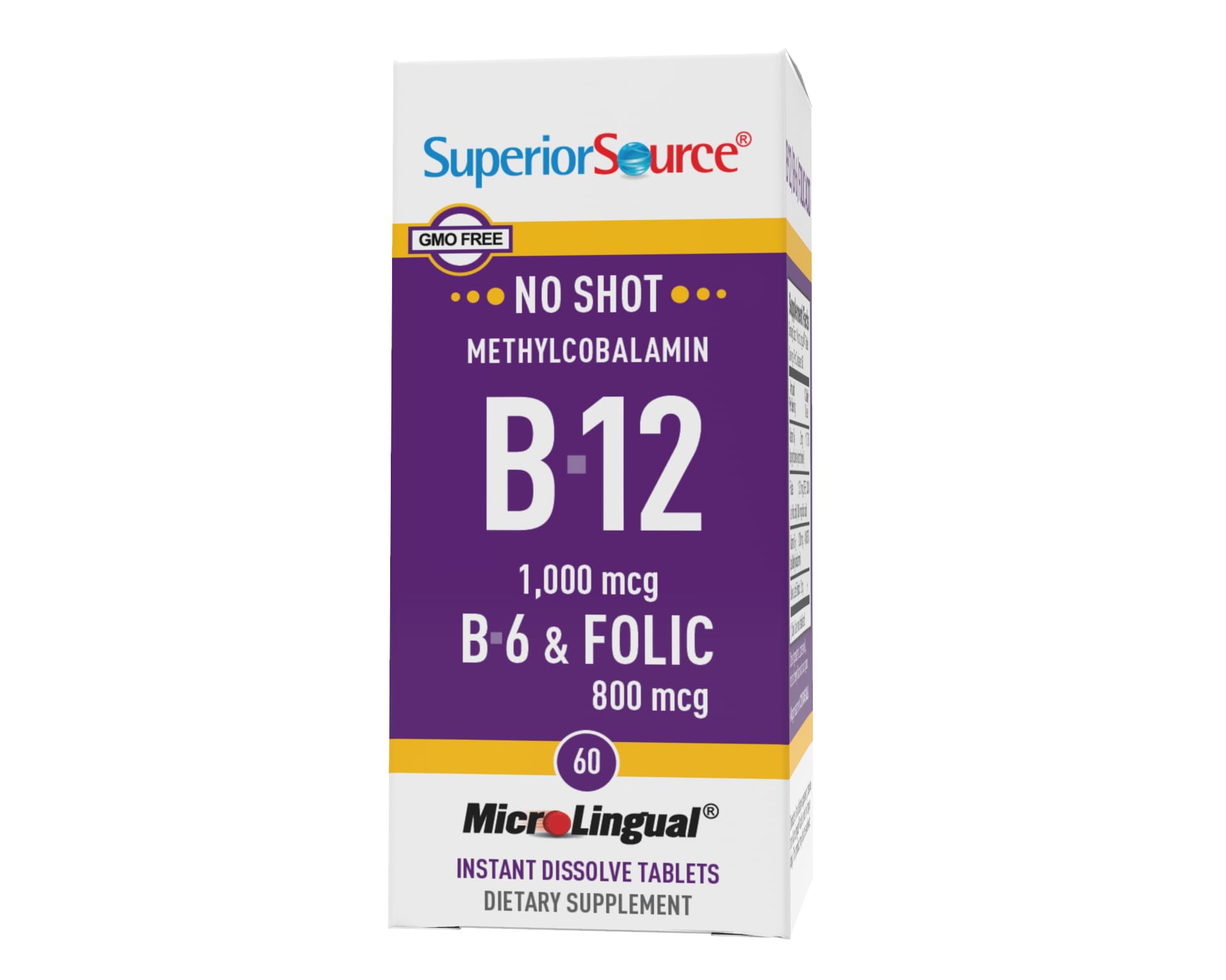 Superior Source No Shot Vitamin B12 Methylcobalamin (1000 mcg), B6, Folic Acid, Quick Dissolve MicroLingual Tablets, 60 Ct, Increase Energy, Healthy Heart, Boost Metabolism, Stress Support, Non-GMO