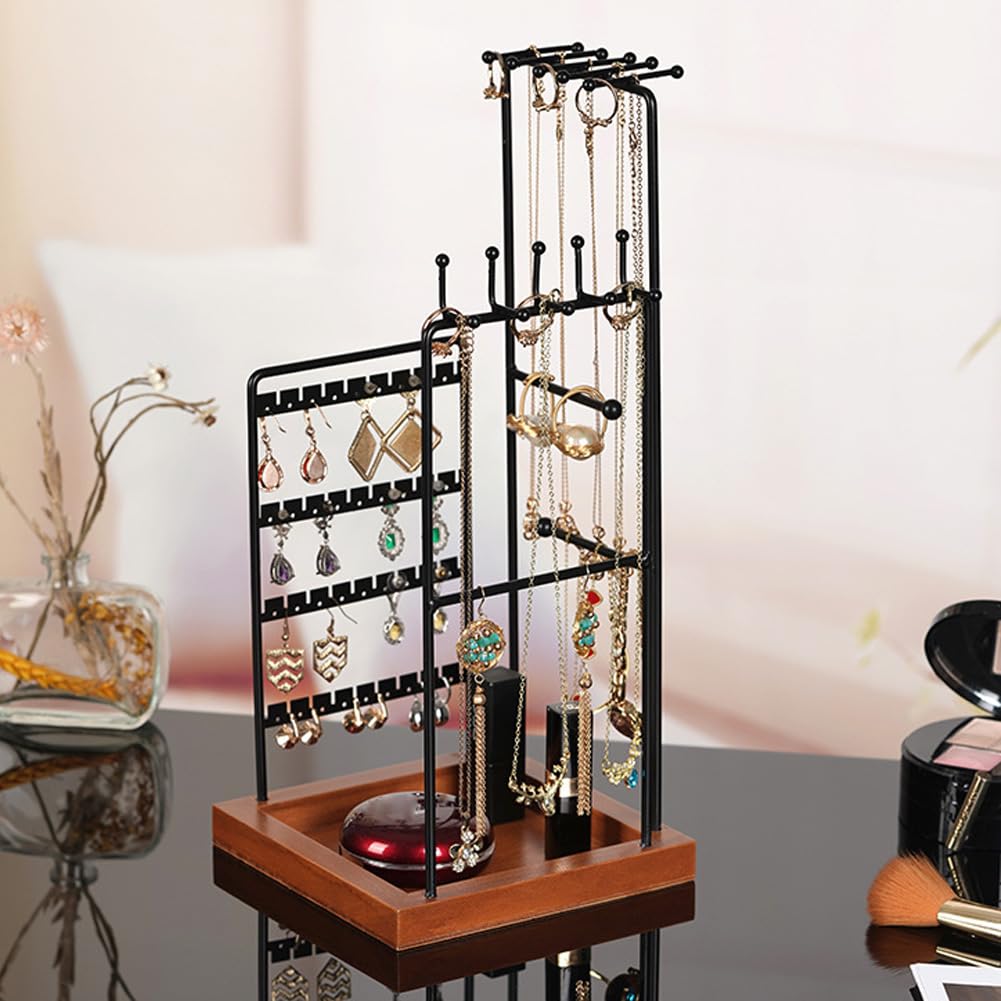 SPAKOWN Jewelry Organizer Stand Jewelry Holder with Wood Base 27 Holes 10 Hooks for Earring Necklace Ring Bracelets Display and Storage