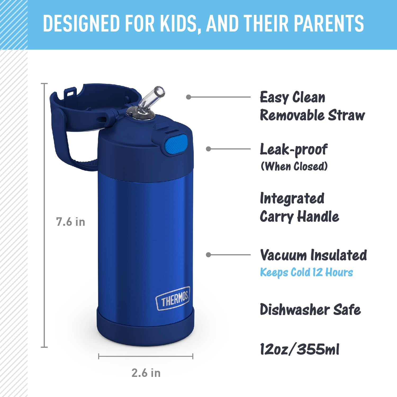 THERMOS FUNTAINER 12 Ounce Stainless Steel Vacuum Insulated Kids Straw Bottle, Blue