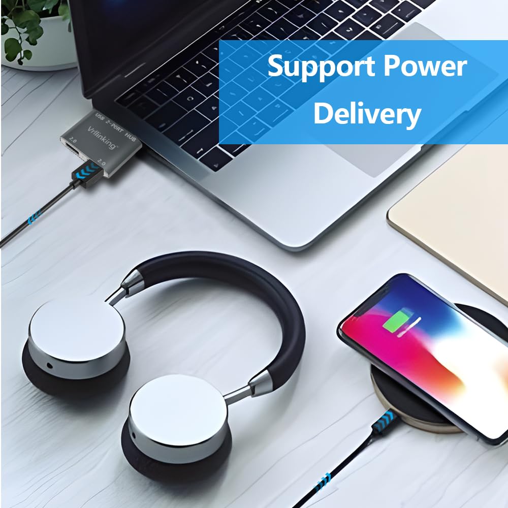 Vrllinking USB Hub, 2 Ports USB 2.0 Hub for Laptop, 2 Ports USB Splitter USB Expander for iMac Pro,MacBook Air, Mac Mini/Pro,Windows/Notebook PC,Printer,Flash Drive,Mobile HDD,Data and Charging