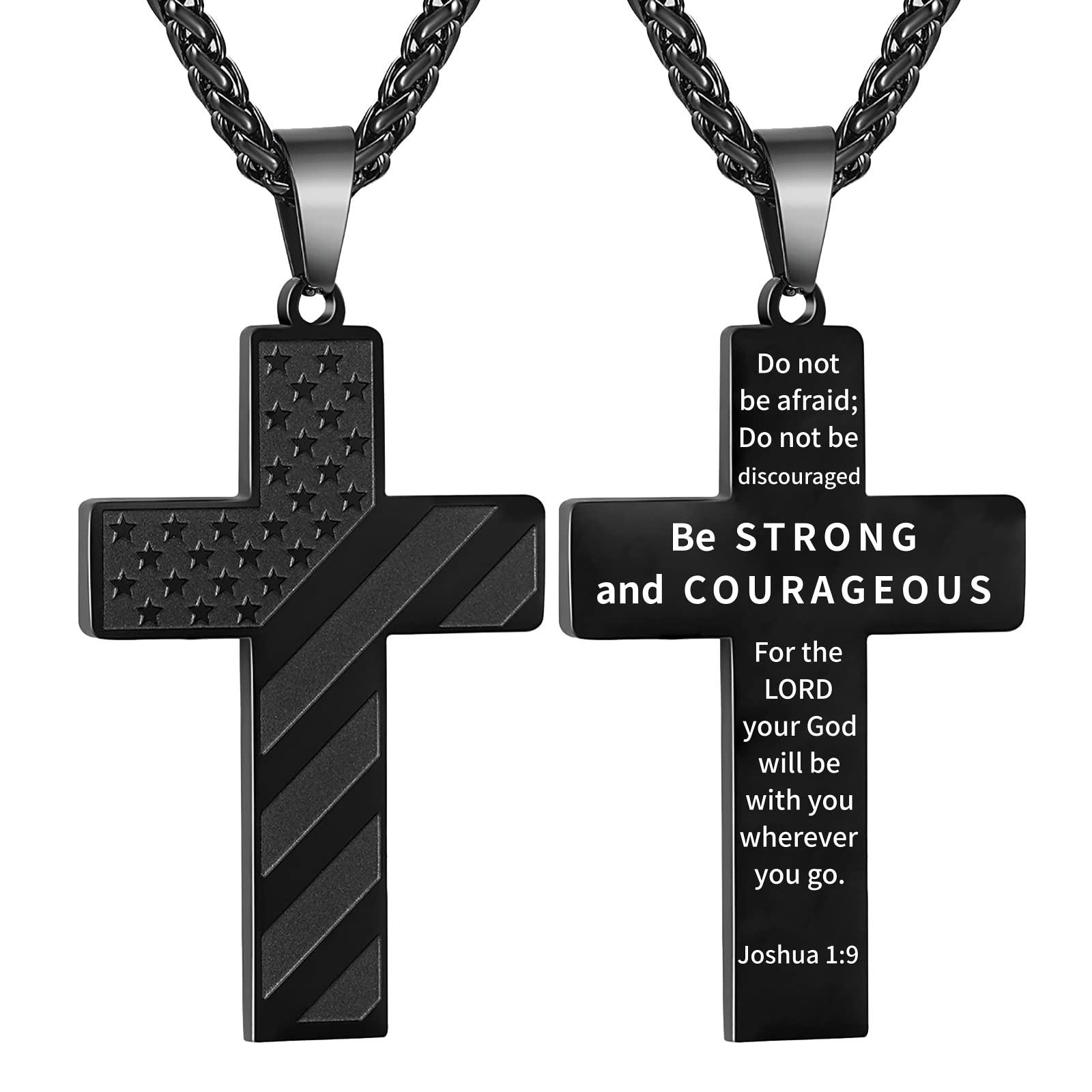 DuoDiner Black Cross Necklace for Men Boys Pendant Chain American Flag Joshua 1:9 Baptism Religious Christian First Communion Confirmation Jewelry Christmas Graduation Gifts Him Teenage Boys Age