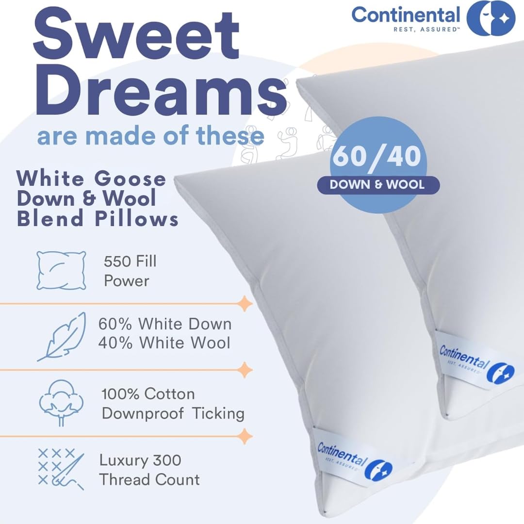Continental Bedding Australian Wool and Down Bed Pillow Blend 40/60, King, White