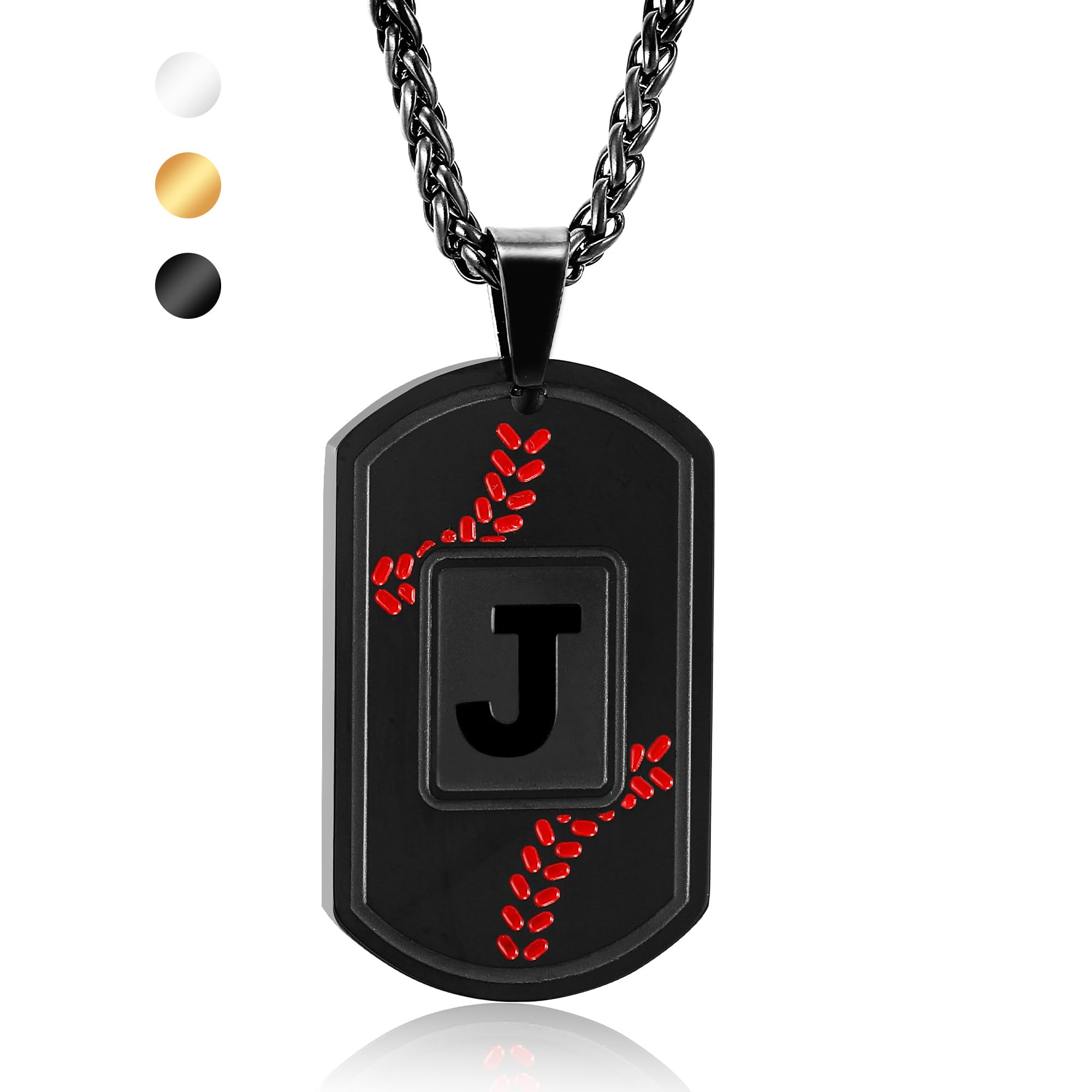 Fervia Baseball Initial Necklace for Men Dog Tag Stainless Steel Black Letter Pendant Sport Baseball Athletes Jewelry Gifts for Men Boys Teen Kids Boyfriend with 22+2 Inches Stainless Steel Chain(J)