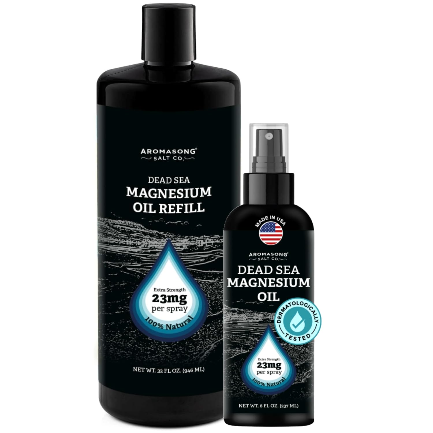 Aromasong Dead Sea Magnesium Oil Spray Bundle: 8oz Spray + 32oz Refill Bottle for Convenient and Cost-Effective Use